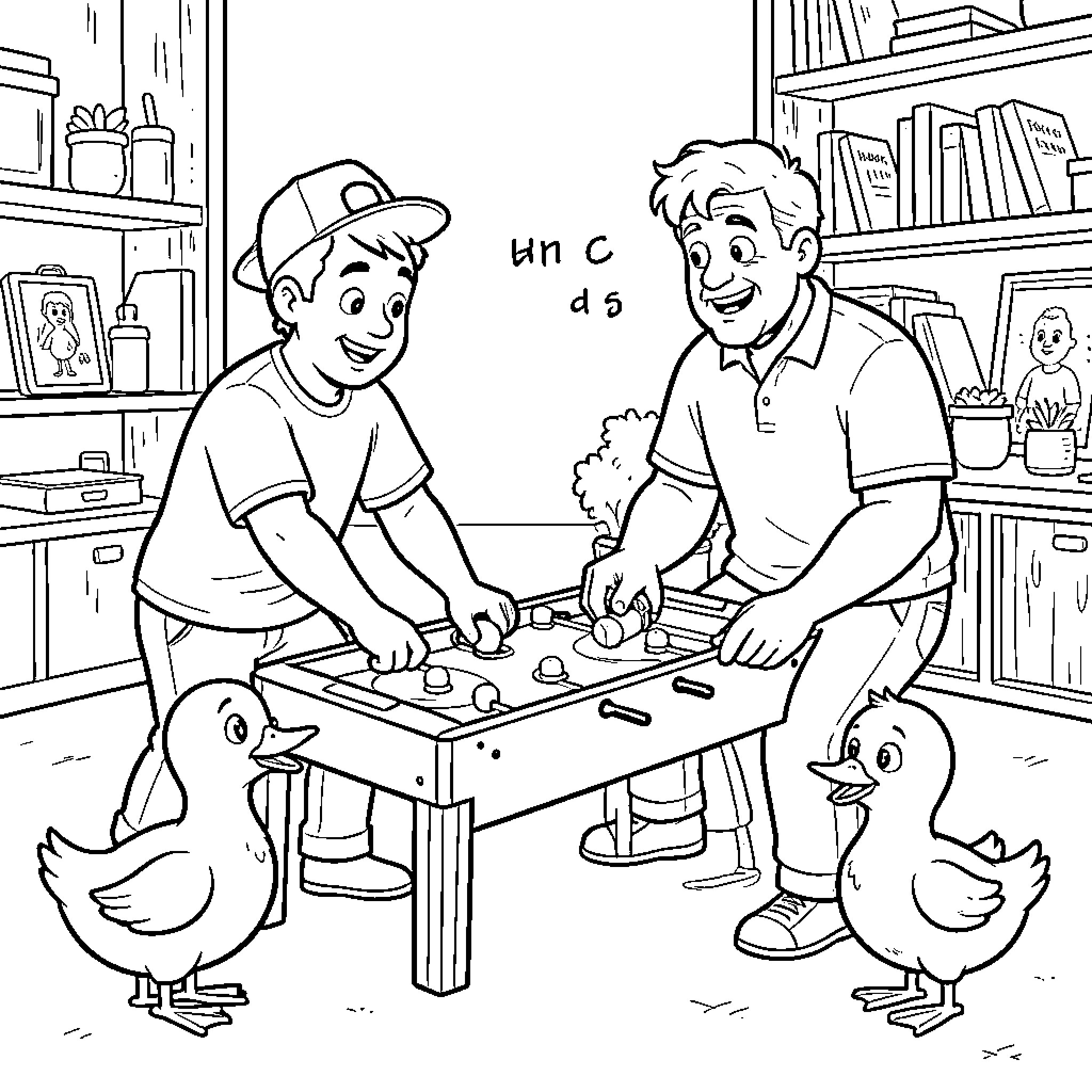 Friends playing a fun game of foosball together Coloring Page (free black-and-white line drawing printable PDF for all, from beginners to advanced learners, including children, teens, adults, and seniors)