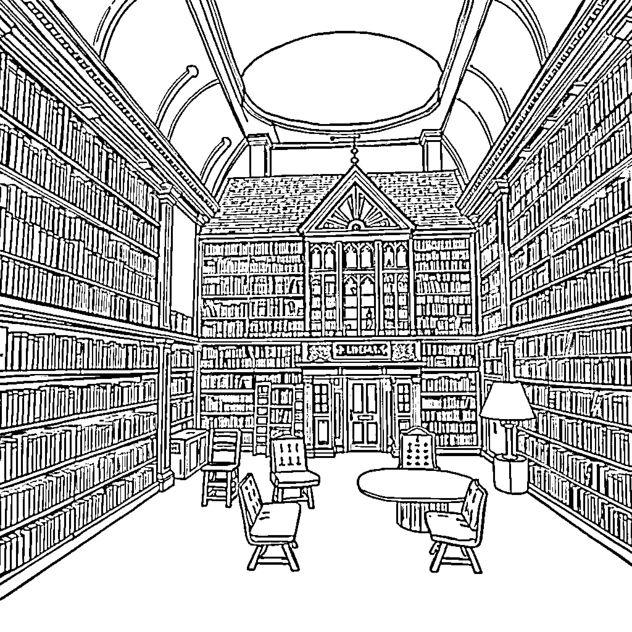 Library with Elaborate Bookshelves and Interior Design Coloring Page (free black-and-white line drawing printable PDF for all, from beginners to advanced learners, including children, teens, adults, and seniors)