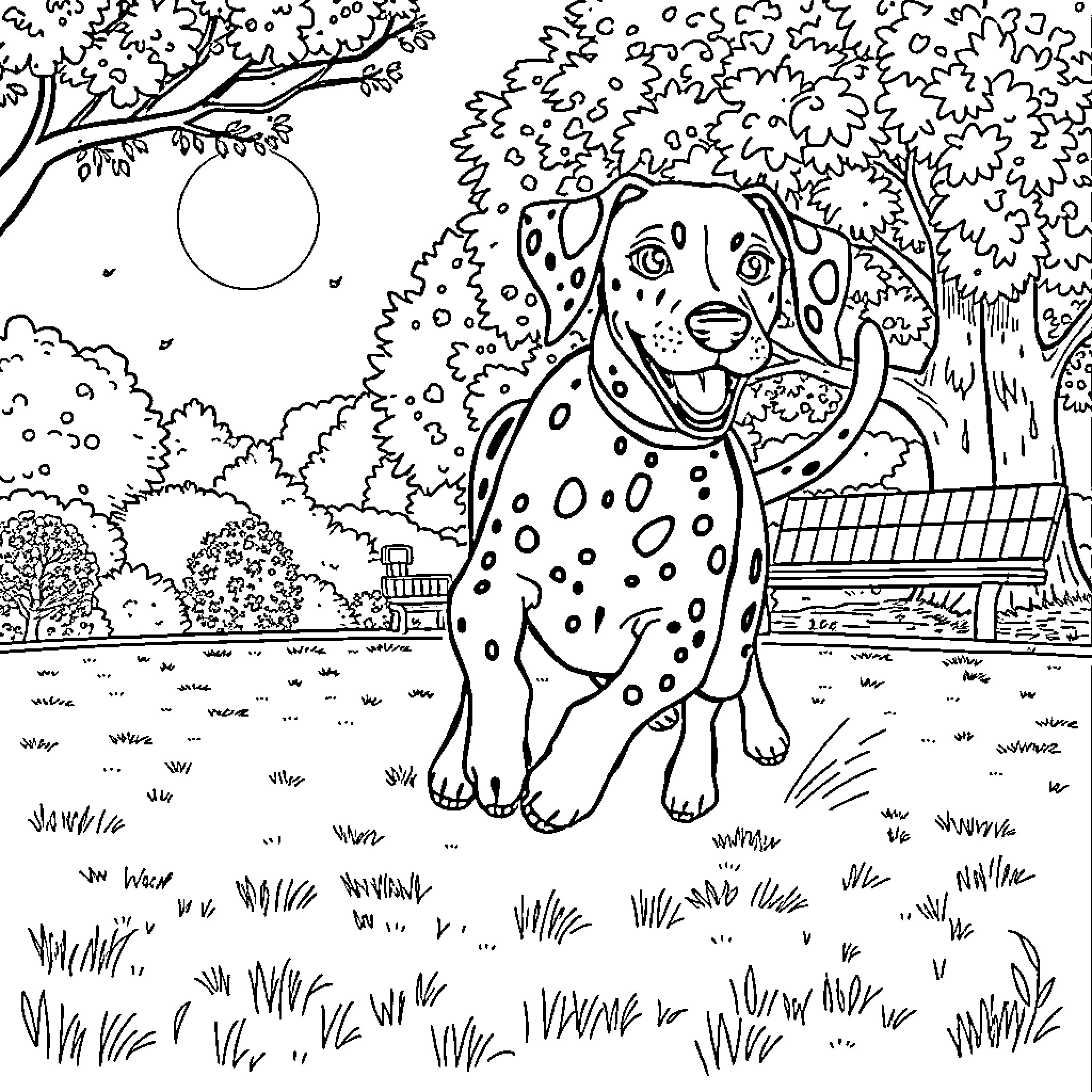 Dalmatian enjoying the outdoors on a sunny day Coloring Page (free black-and-white line drawing printable PDF for all, from beginners to advanced learners, including children, teens, adults, and seniors)