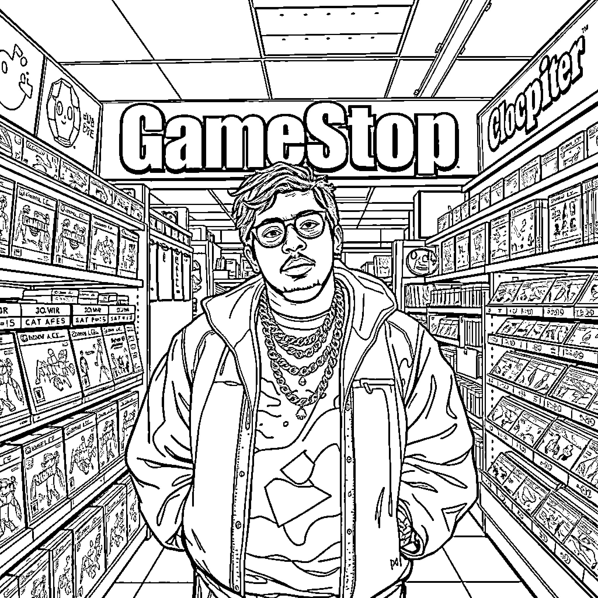Juice Wrld exploring the GameStop store Coloring Page (free black-and-white line drawing printable PDF for all, from beginners to advanced learners, including children, teens, adults, and seniors)