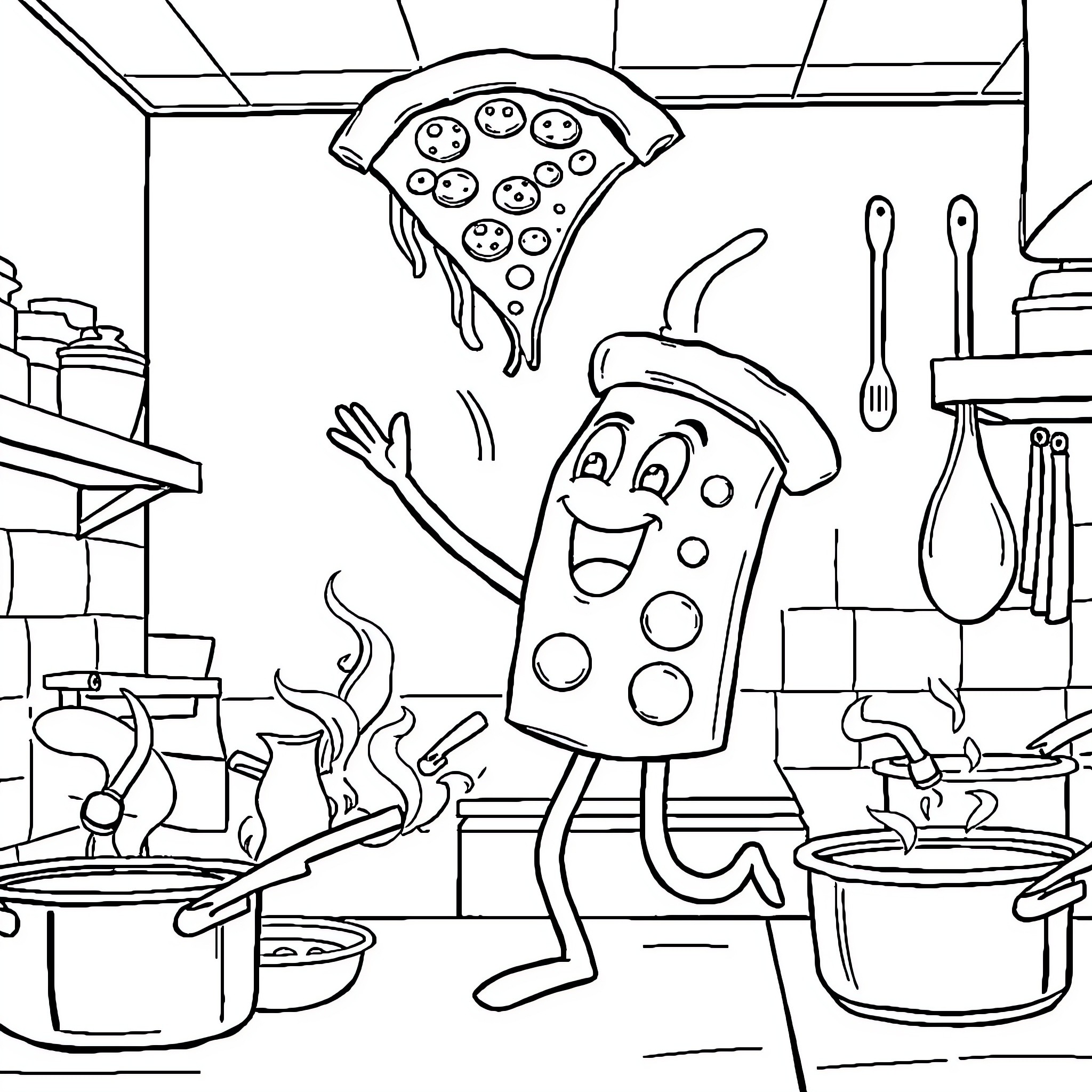 Pizza Slice Joyfully Cooking in the Kitchen Coloring Page (free black-and-white line drawing printable PDF for all, from beginners to advanced learners, including children, teens, adults, and seniors)