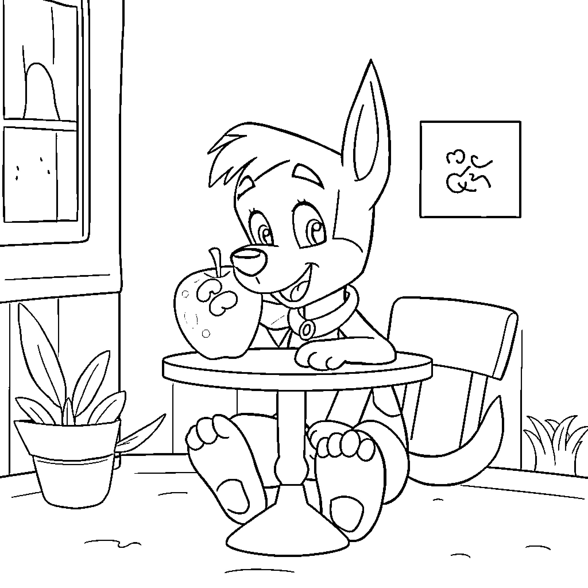 Chase the Playful Puppy's Mischievous Antics Coloring Page (free black-and-white line drawing printable PDF for all, from beginners to advanced learners, including children, teens, adults, and seniors)