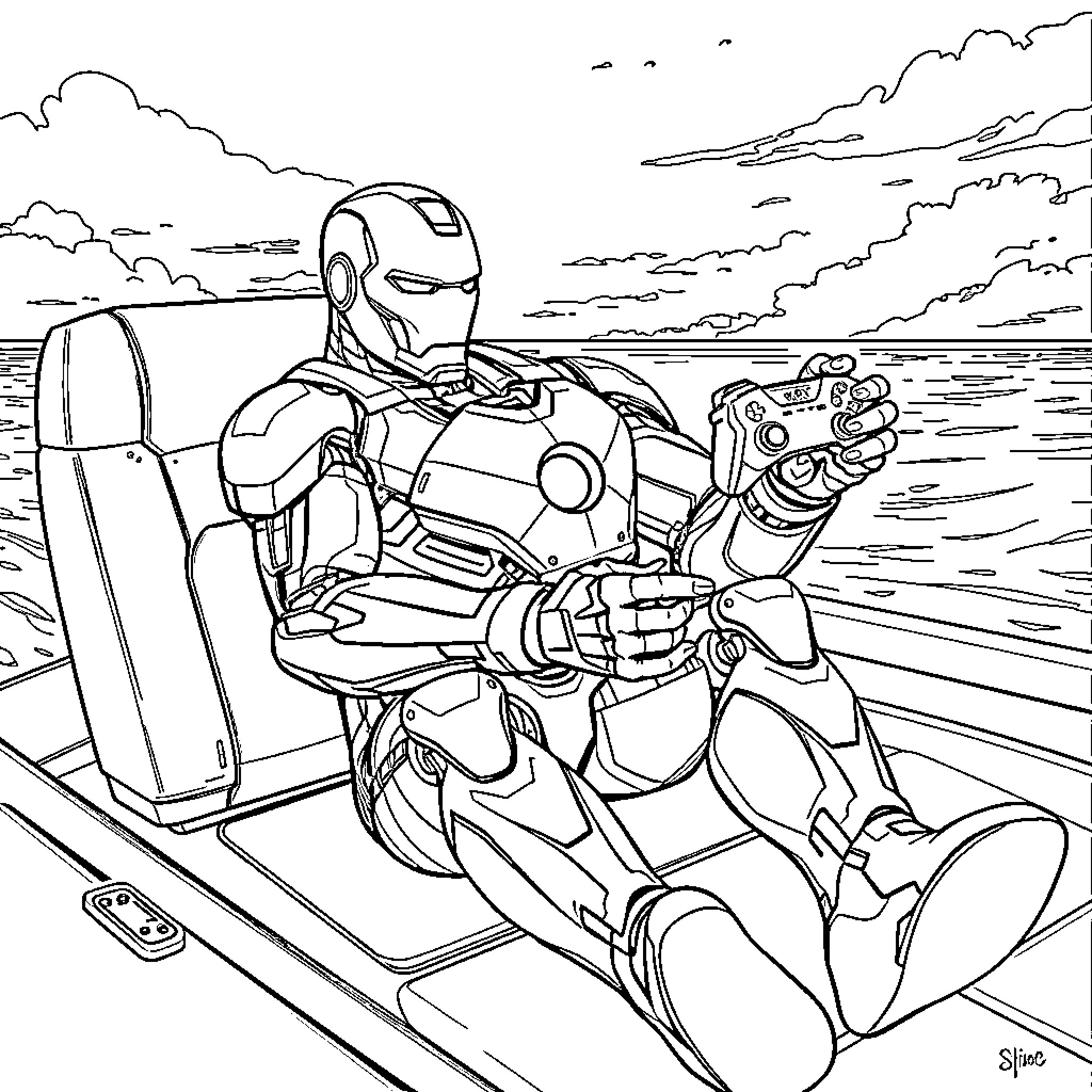 Ironman operating a high-tech suit near the ocean Coloring Page (free black-and-white line drawing printable PDF for all, from beginners to advanced learners, including children, teens, adults, and seniors)