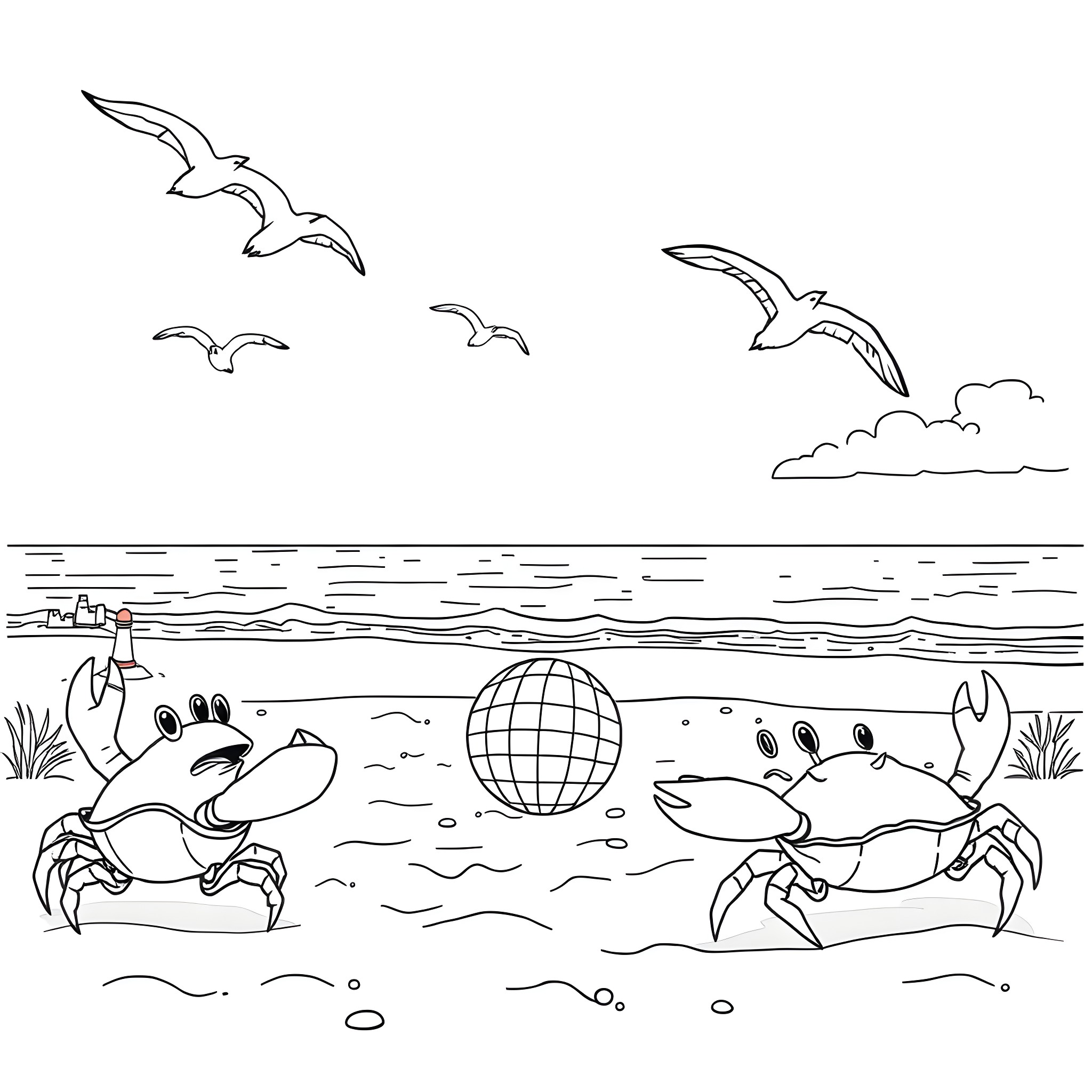 Crabs playing on the beach with a beach ball Coloring Page (free black-and-white line drawing printable PDF for all, from beginners to advanced learners, including children, teens, adults, and seniors)