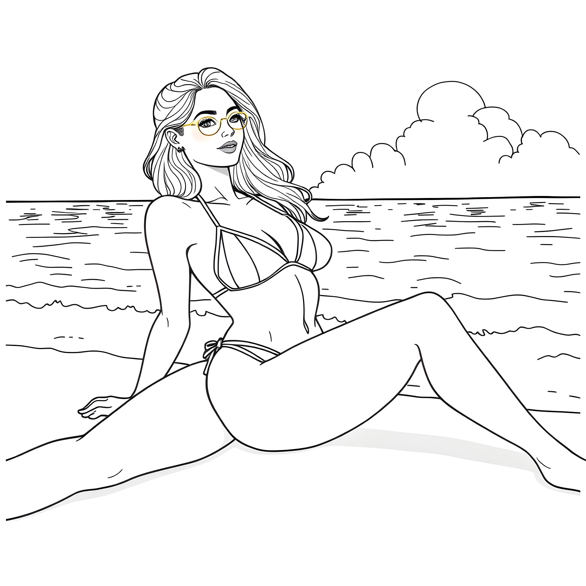 Bikini-clad woman relaxing on the beach Coloring Page (free black-and-white line drawing printable PDF for all, from beginners to advanced learners, including children, teens, adults, and seniors)