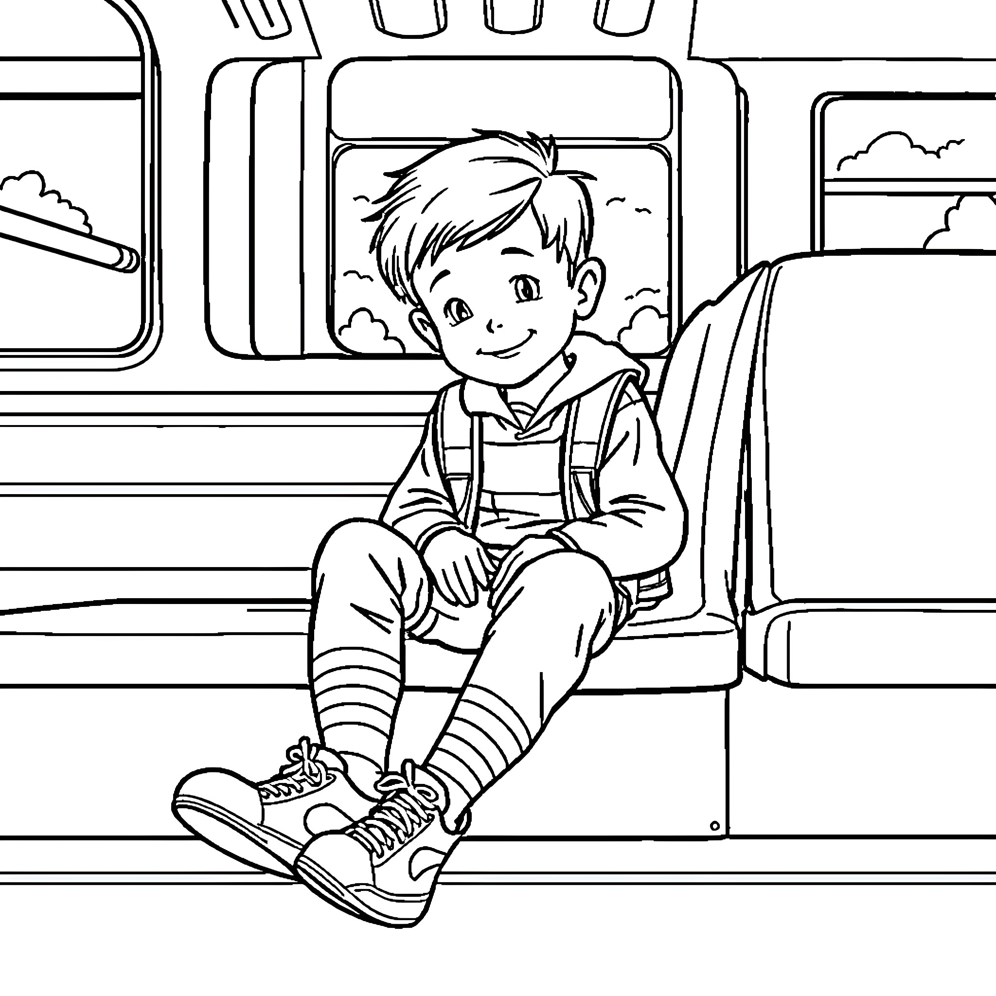 Boy riding on a train Coloring Page (free black-and-white line drawing printable PDF for all, from beginners to advanced learners, including children, teens, adults, and seniors)