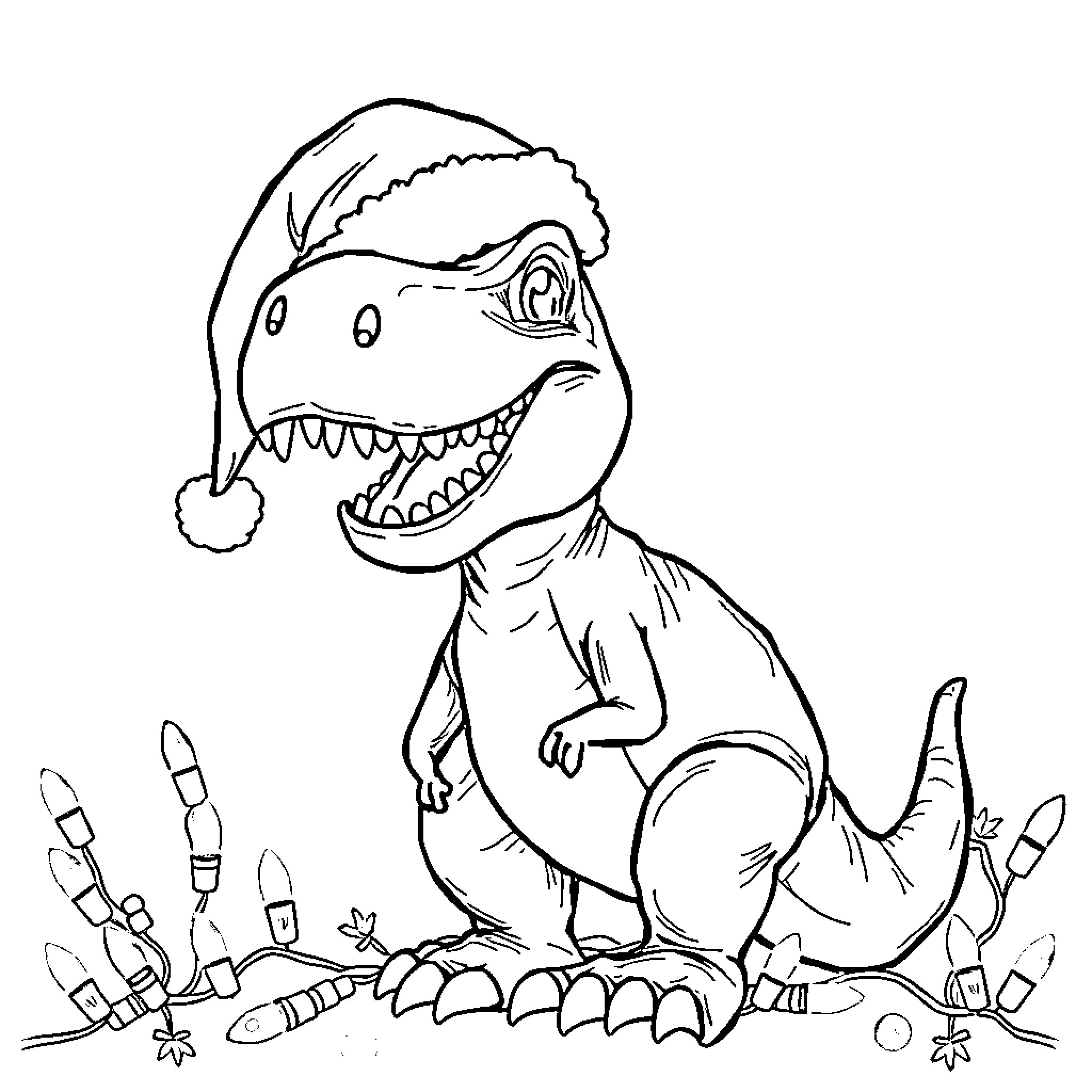 T-Rex celebrating Christmas with holiday decorations Coloring Page (free black-and-white line drawing printable PDF for all, from beginners to advanced learners, including children, teens, adults, and seniors)