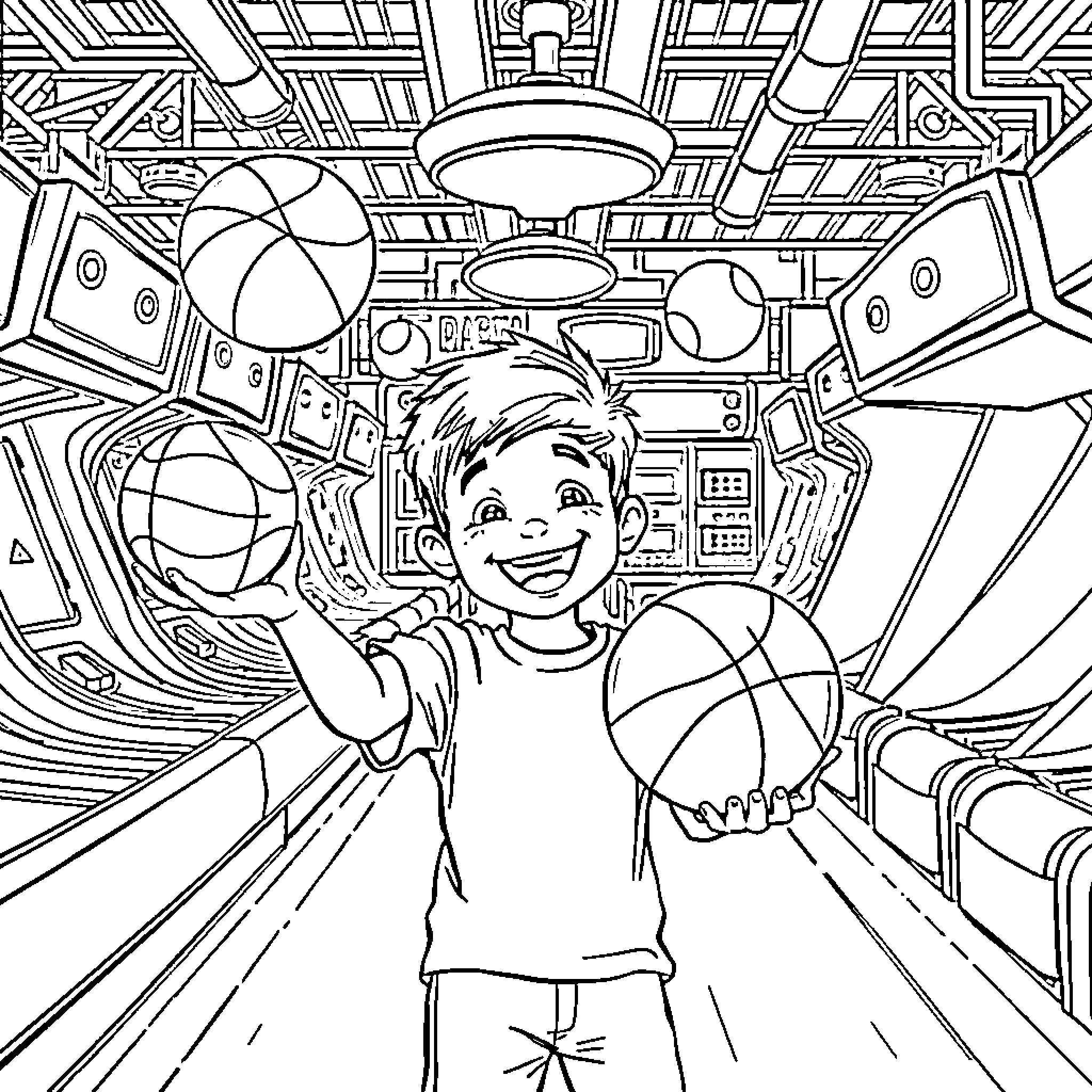 Boy playing with basketballs in futuristic room Coloring Page (free black-and-white line drawing printable PDF for all, from beginners to advanced learners, including children, teens, adults, and seniors)