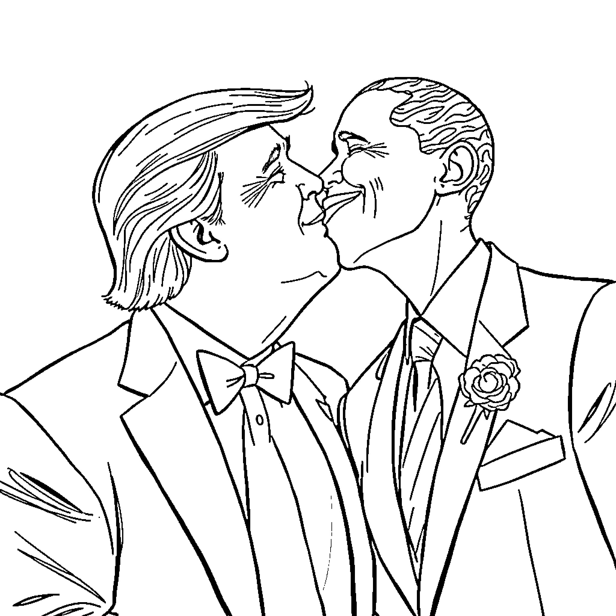 Donald Trump and partner in formal attire Coloring Page (free black-and-white line drawing printable PDF for all, from beginners to advanced learners, including children, teens, adults, and seniors)