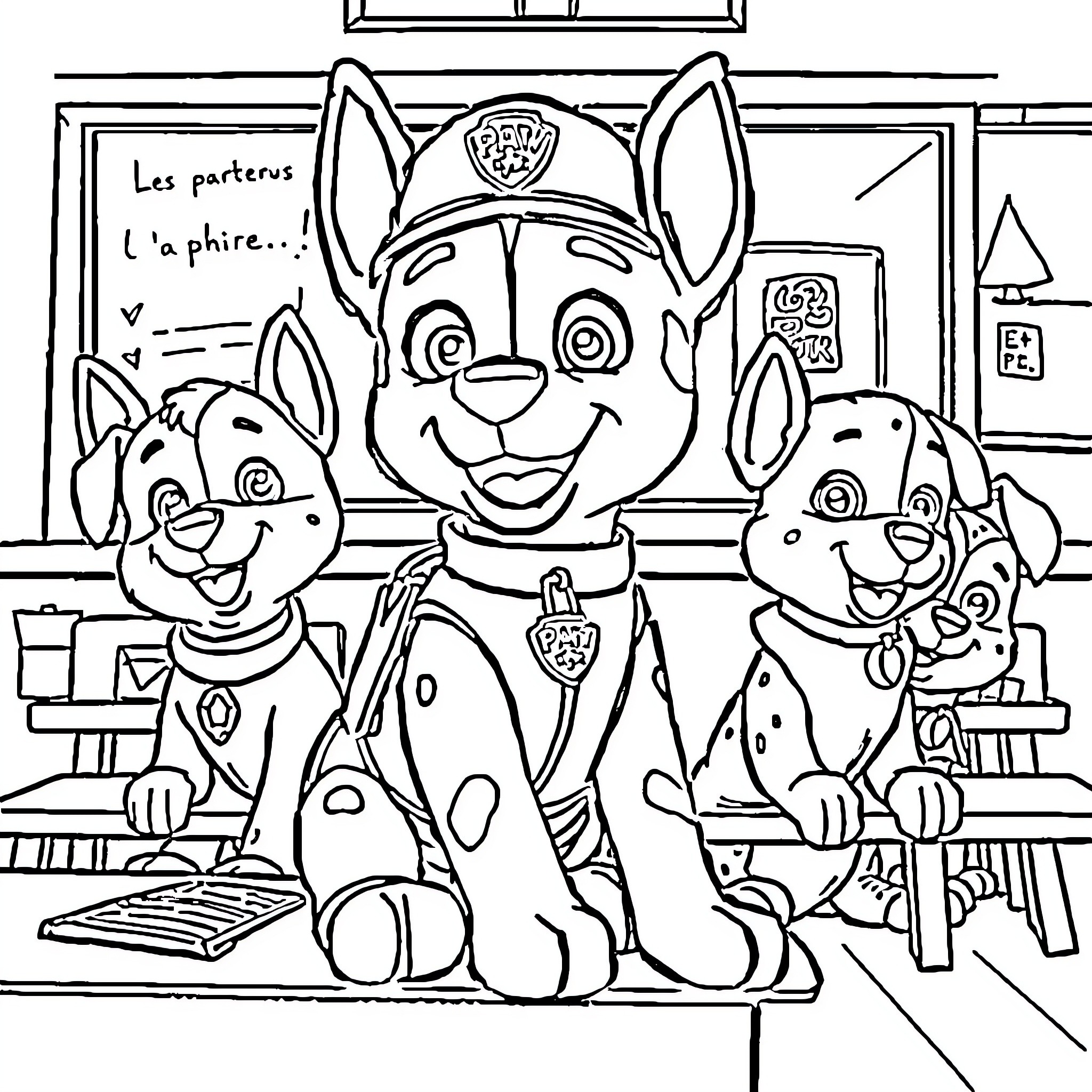 Pat Patrol pups on duty in the station Coloring Page (free black-and-white line drawing printable PDF for all, from beginners to advanced learners, including children, teens, adults, and seniors)
