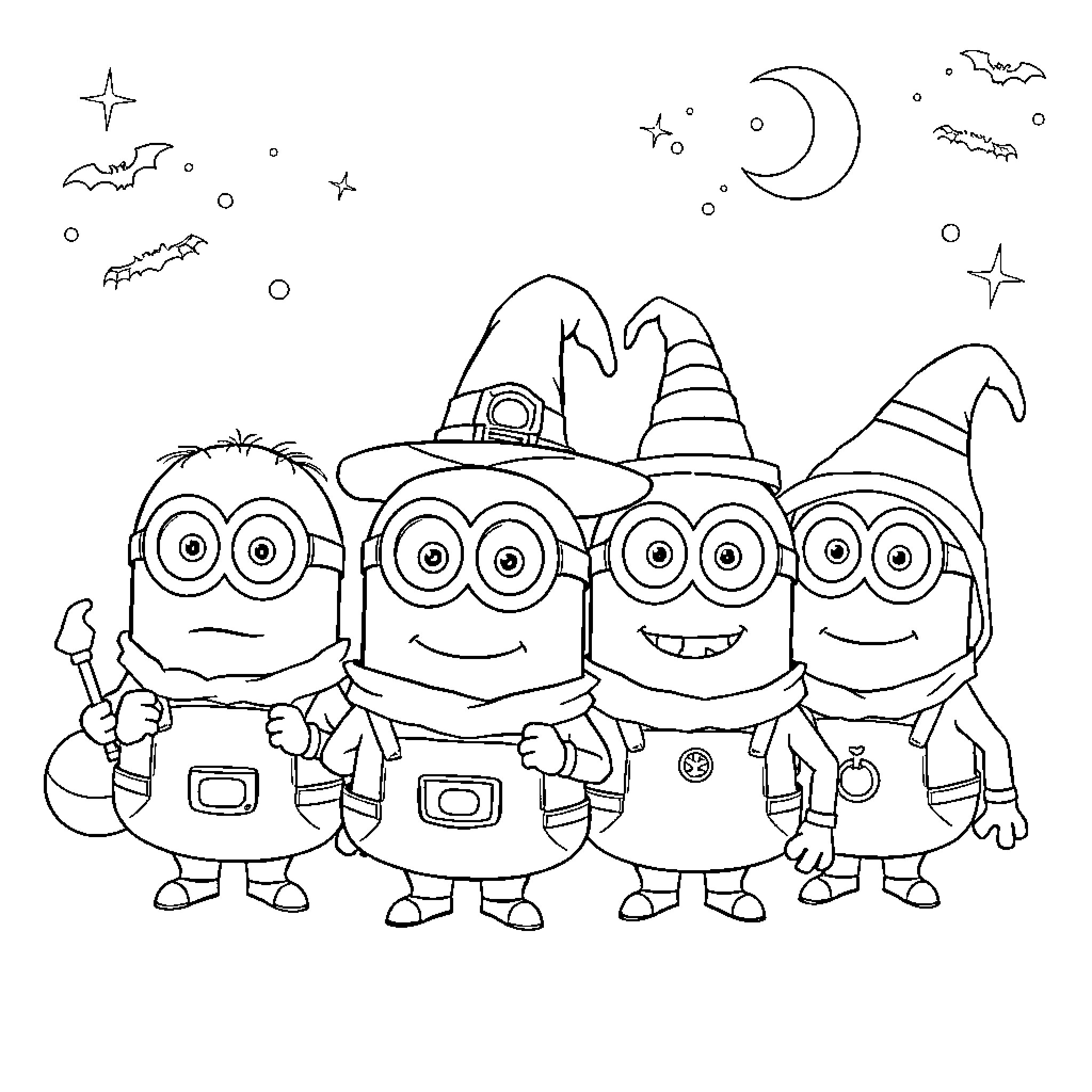 Minions dressed up for Halloween celebration Coloring Page (free black-and-white line drawing printable PDF for all, from beginners to advanced learners, including children, teens, adults, and seniors)