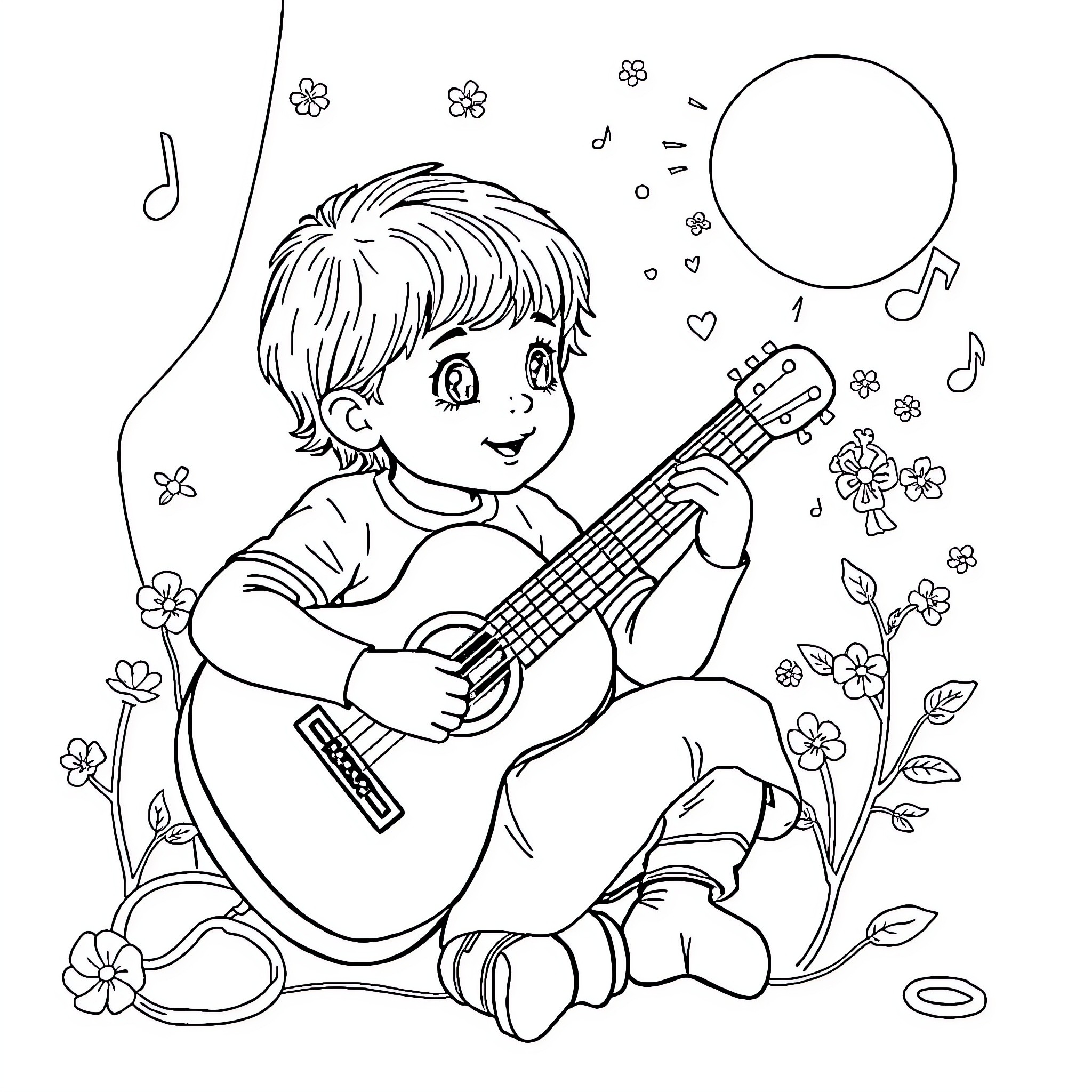 Music of Joy: A Young Musician Plays Guitar Amidst Flowers Coloring Page (free black-and-white line drawing printable PDF for all, from beginners to advanced learners, including children, teens, adults, and seniors)