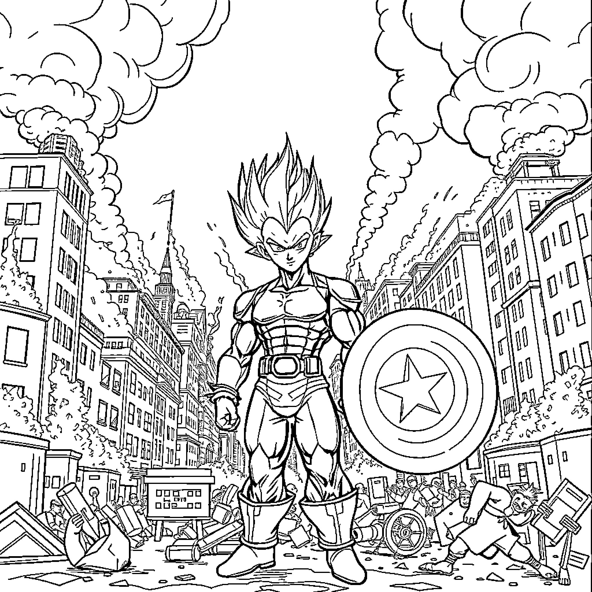 Vegeta battles heroically amidst chaos in the city Coloring Page (free black-and-white line drawing printable PDF for all, from beginners to advanced learners, including children, teens, adults, and seniors)