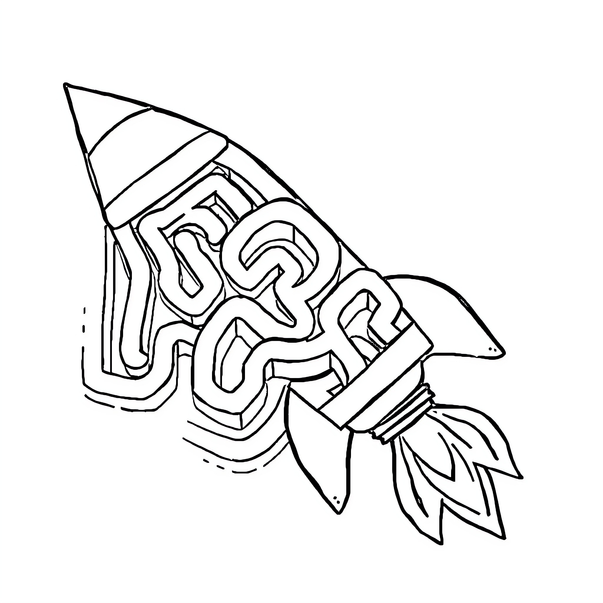 Rocket blasting off with stylized design Coloring Page (free black-and-white line drawing printable PDF for all, from beginners to advanced learners, including children, teens, adults, and seniors)