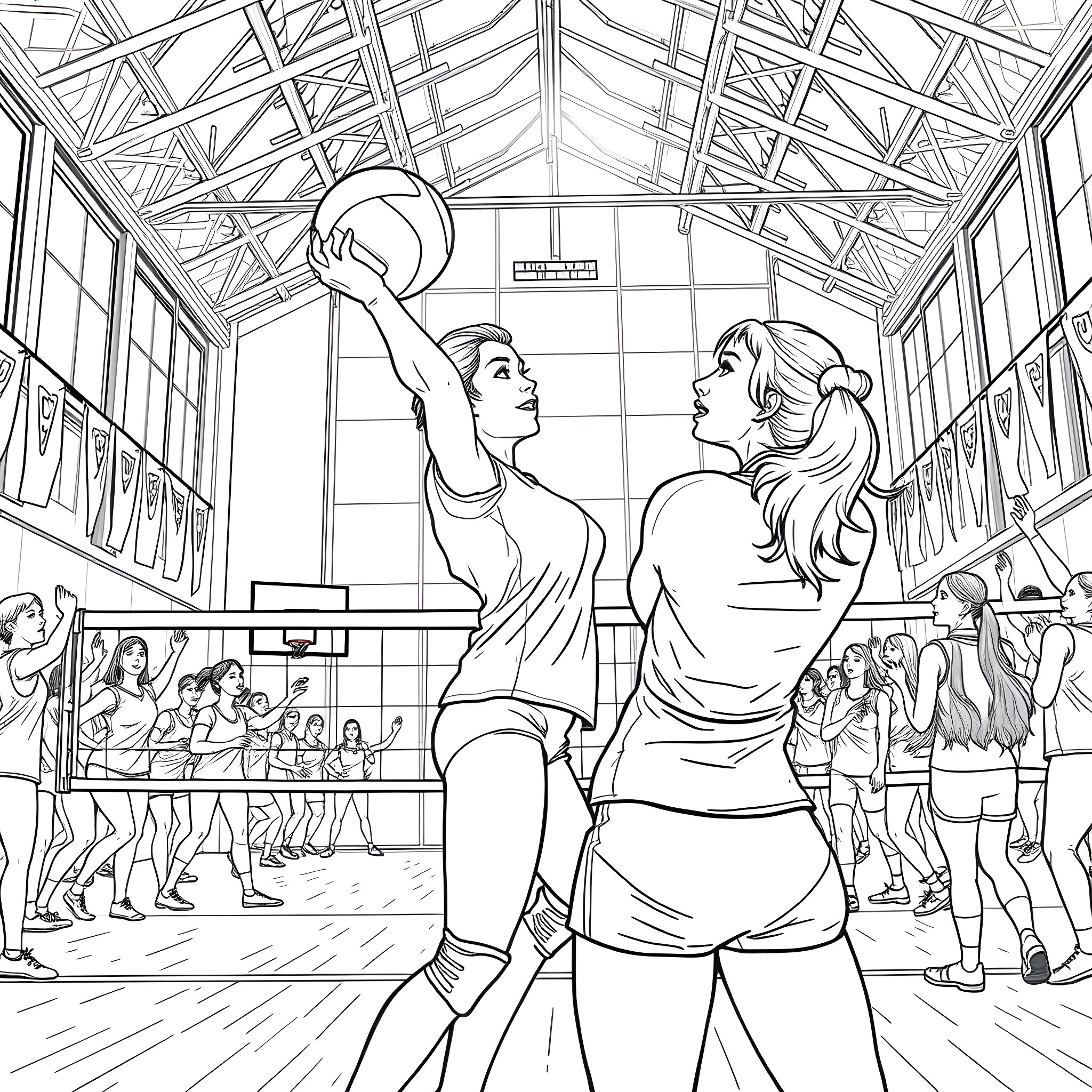 Lady Players Competing in Basketball Match Coloring Page (free black-and-white line drawing printable PDF for all, from beginners to advanced learners, including children, teens, adults, and seniors)
