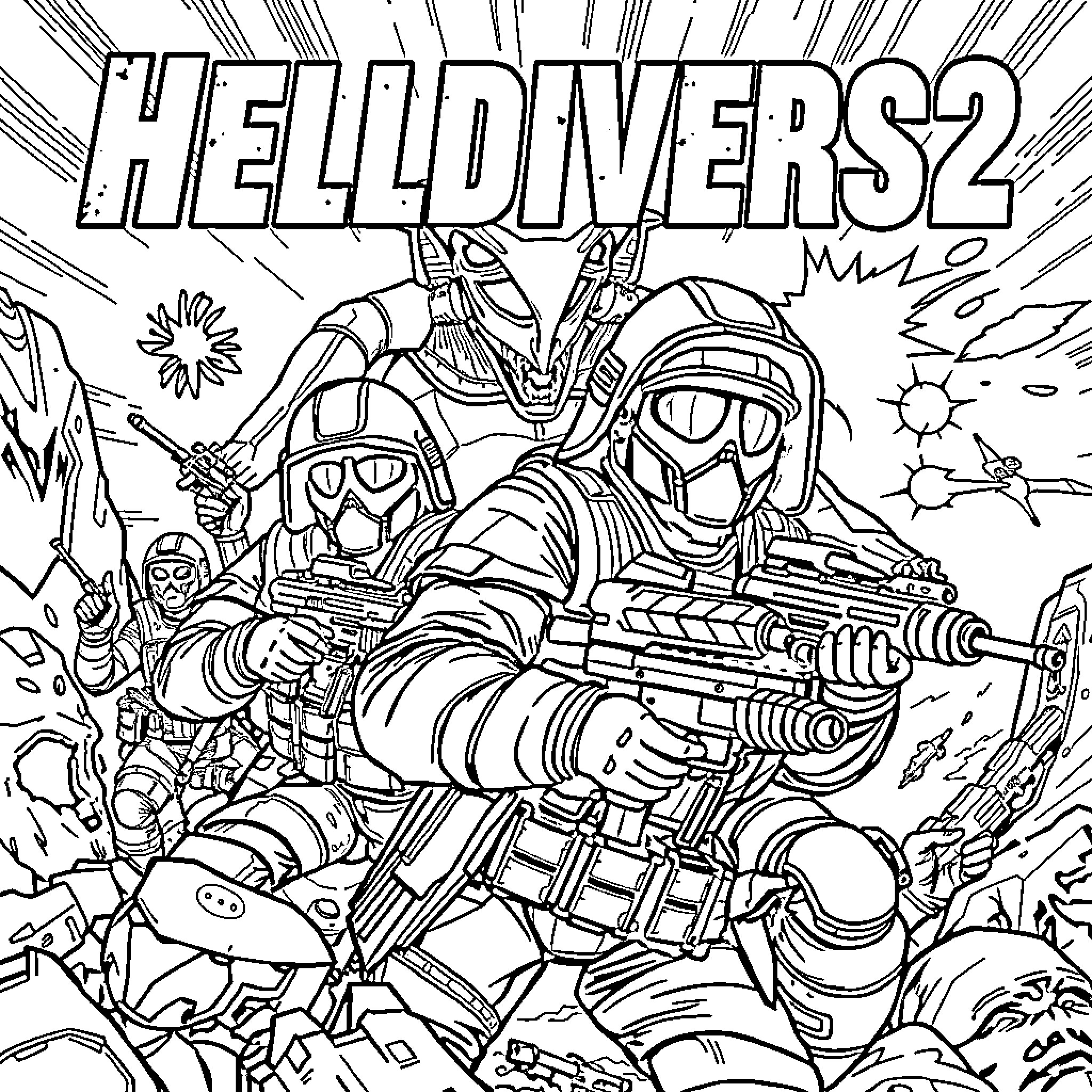 Helldivers2: Chaotic battle with heavily-armed soldiers Coloring Page (free black-and-white line drawing printable PDF for all, from beginners to advanced learners, including children, teens, adults, and seniors)