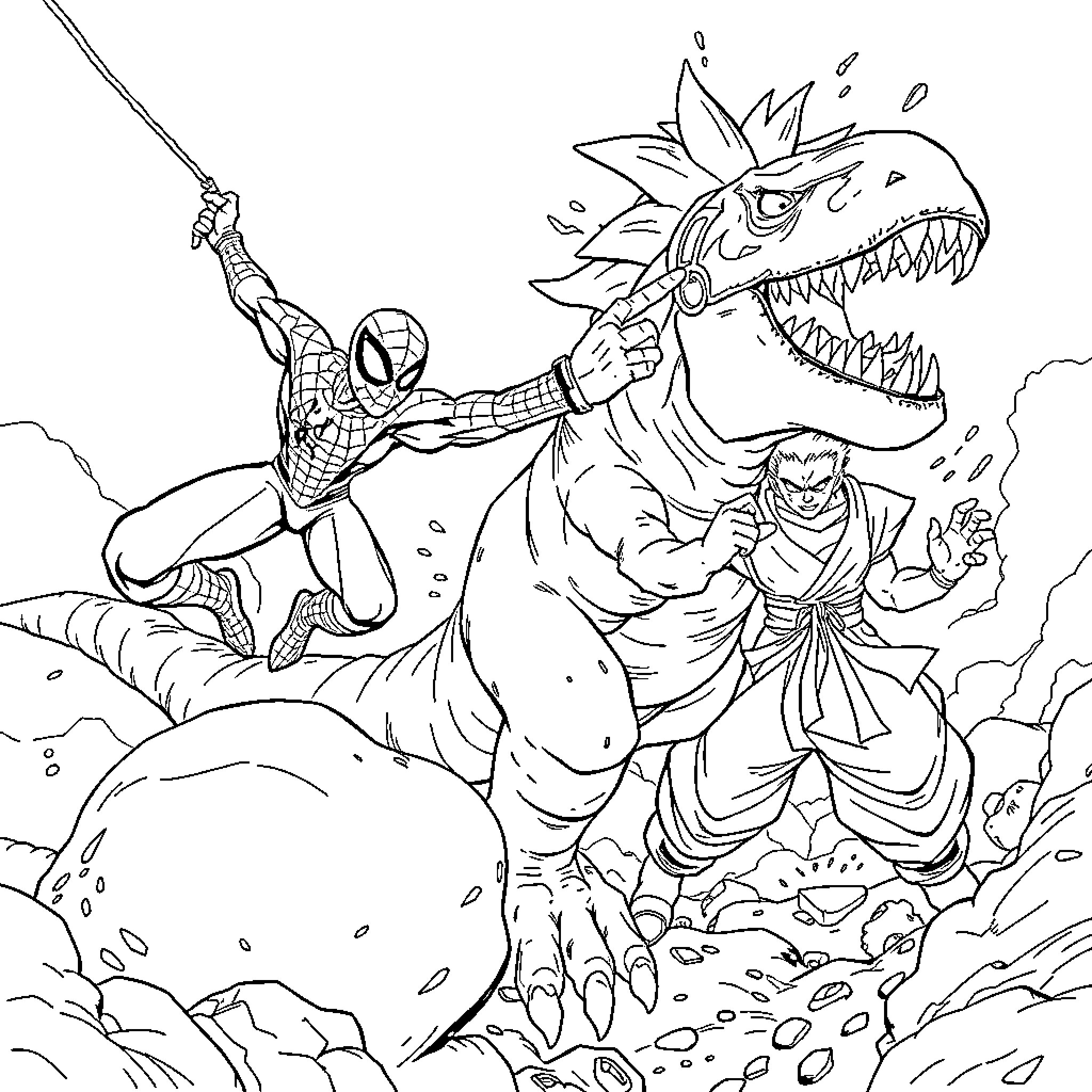 Spider-Man battles a monstrous creature in the city Coloring Page (free black-and-white line drawing printable PDF for all, from beginners to advanced learners, including children, teens, adults, and seniors)