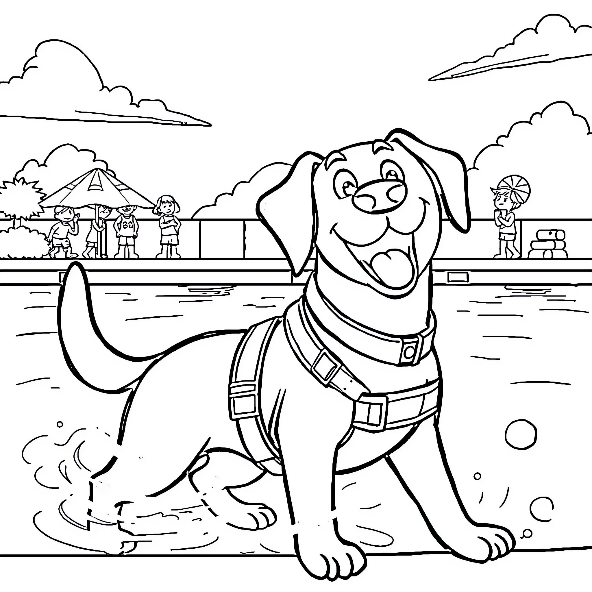 Dog enjoying the beach with people Coloring Page (free black-and-white line drawing printable PDF for all, from beginners to advanced learners, including children, teens, adults, and seniors)