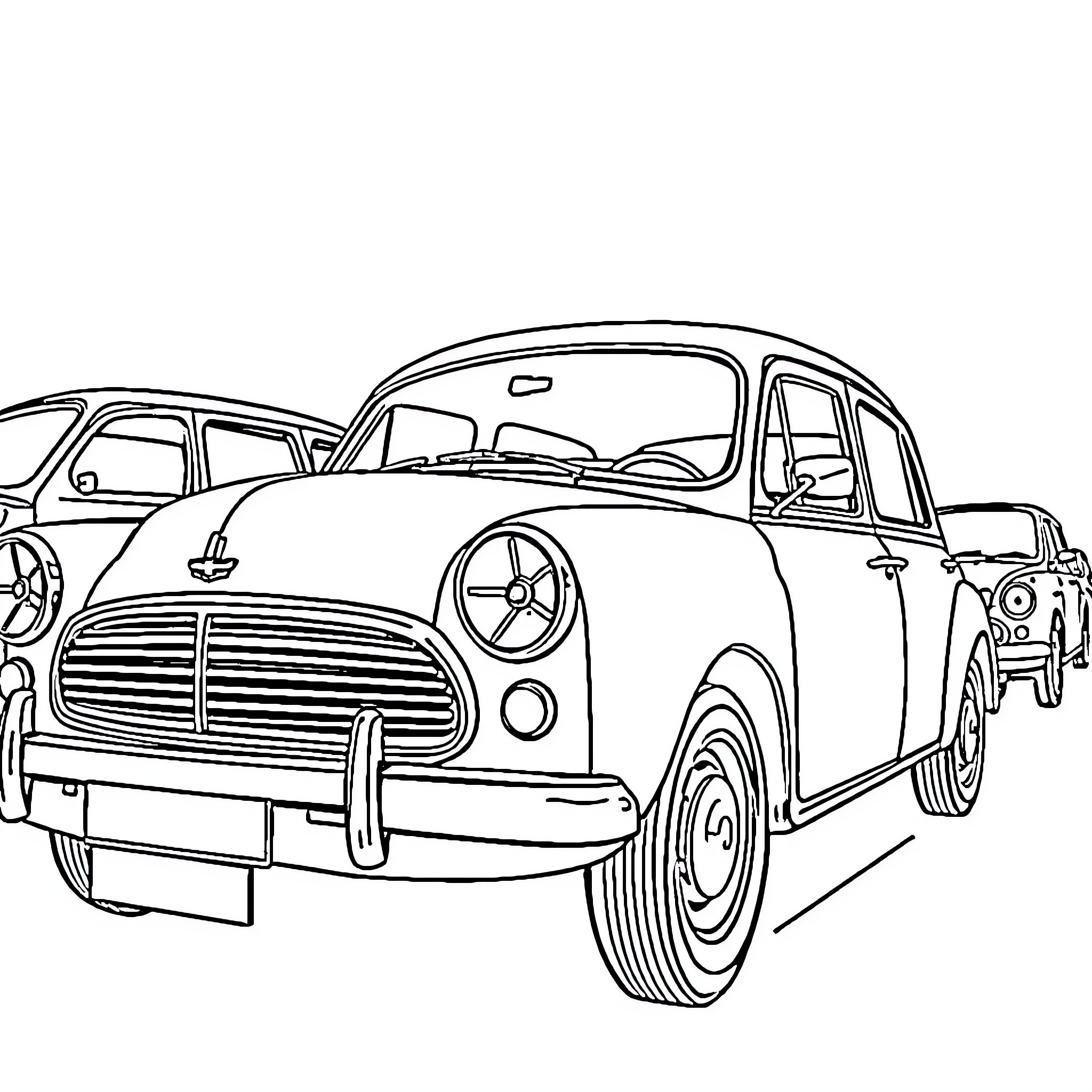 Vehicle with retro styling and classic design Coloring Page (free black-and-white line drawing printable PDF for all, from beginners to advanced learners, including children, teens, adults, and seniors)
