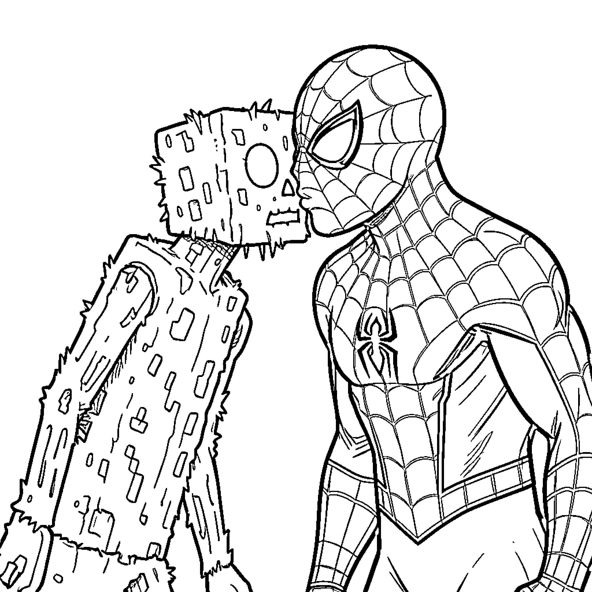 Creeper and Spider-Man sharing a gentle kiss Coloring Page (free black-and-white line drawing printable PDF for all, from beginners to advanced learners, including children, teens, adults, and seniors)