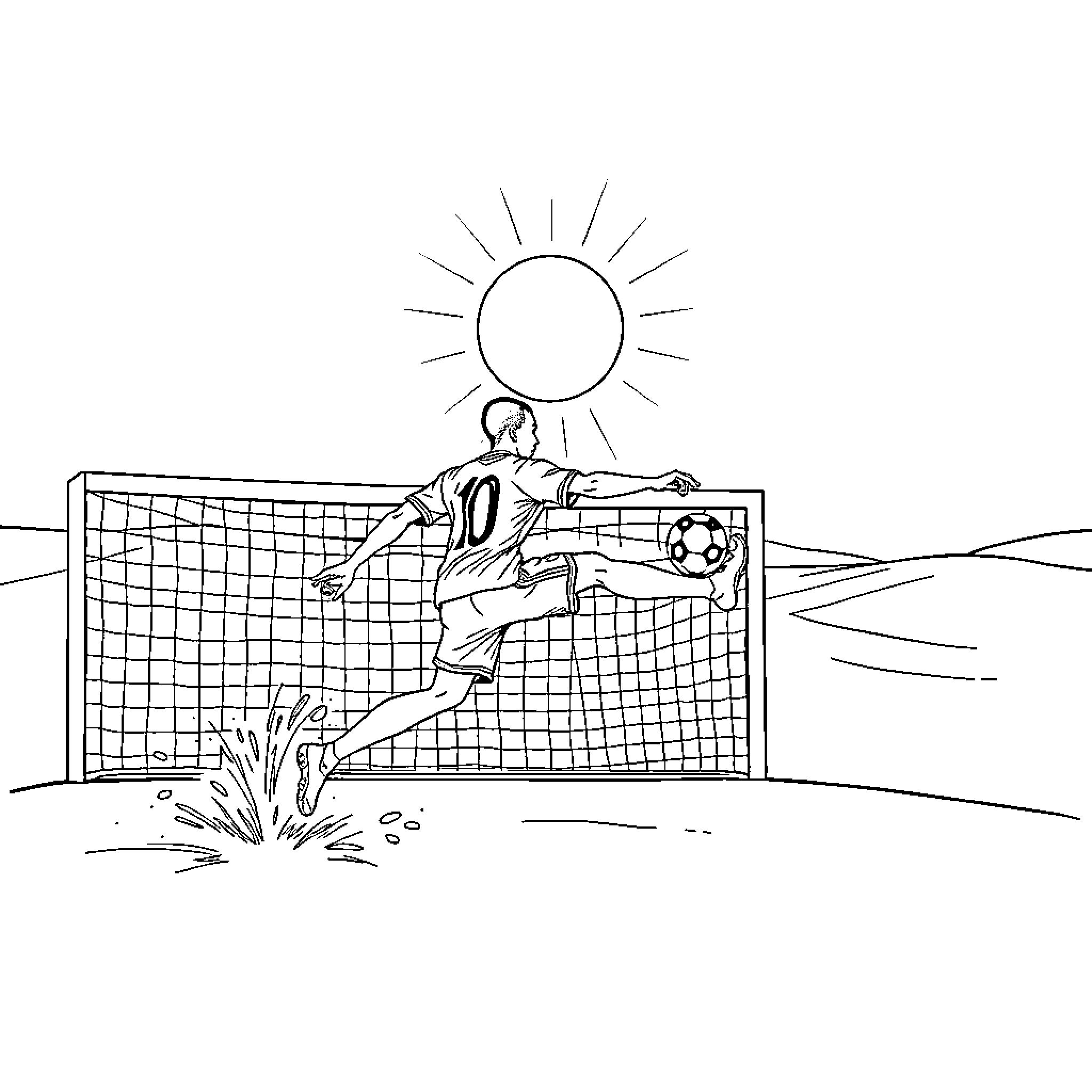 Mbappe kicking soccer ball in goal Coloring Page (free black-and-white line drawing printable PDF for all, from beginners to advanced learners, including children, teens, adults, and seniors)