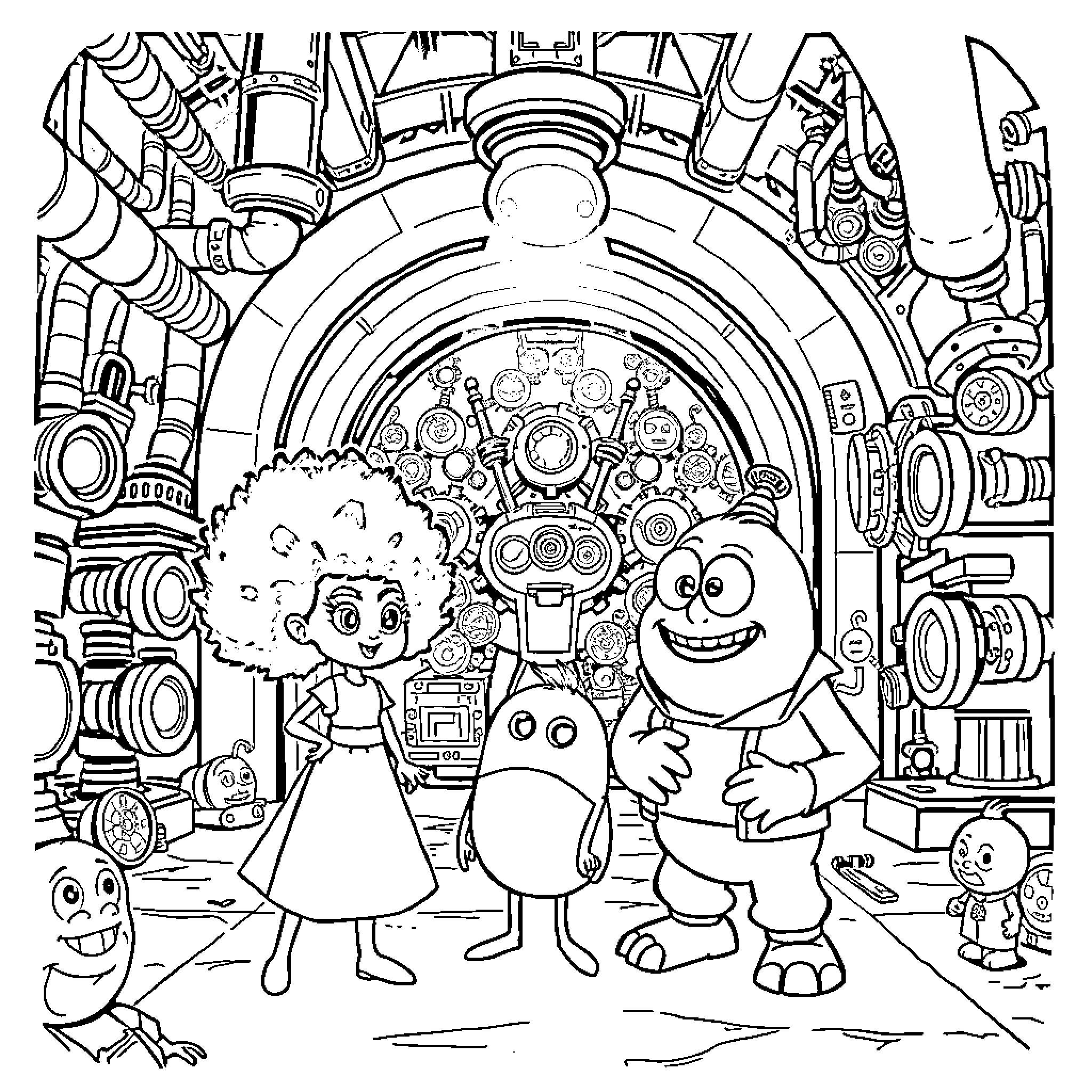 Sully and Friends in a Sci-Fi Adventure Coloring Page (free black-and-white line drawing printable PDF for all, from beginners to advanced learners, including children, teens, adults, and seniors)
