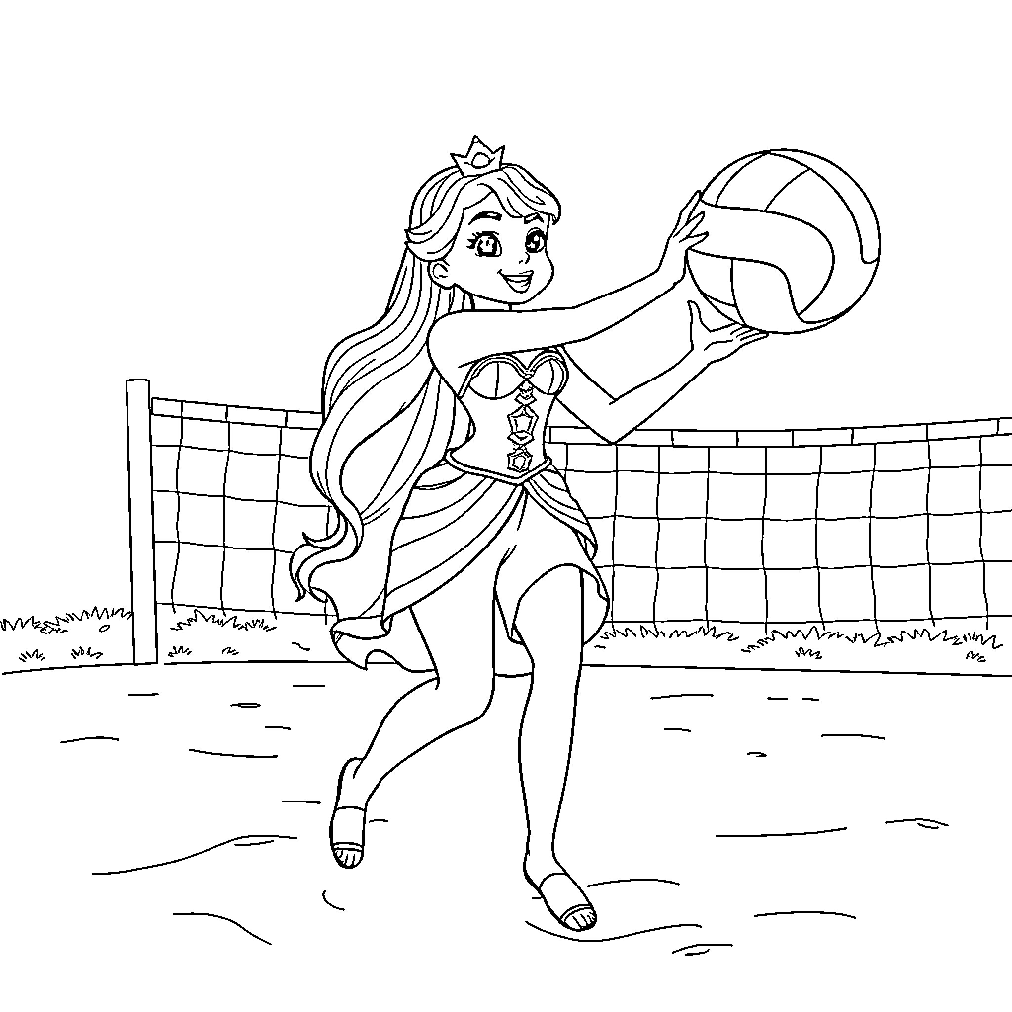 Princess Volleyball Player Enjoying the Game Coloring Page (free black-and-white line drawing printable PDF for all, from beginners to advanced learners, including children, teens, adults, and seniors)