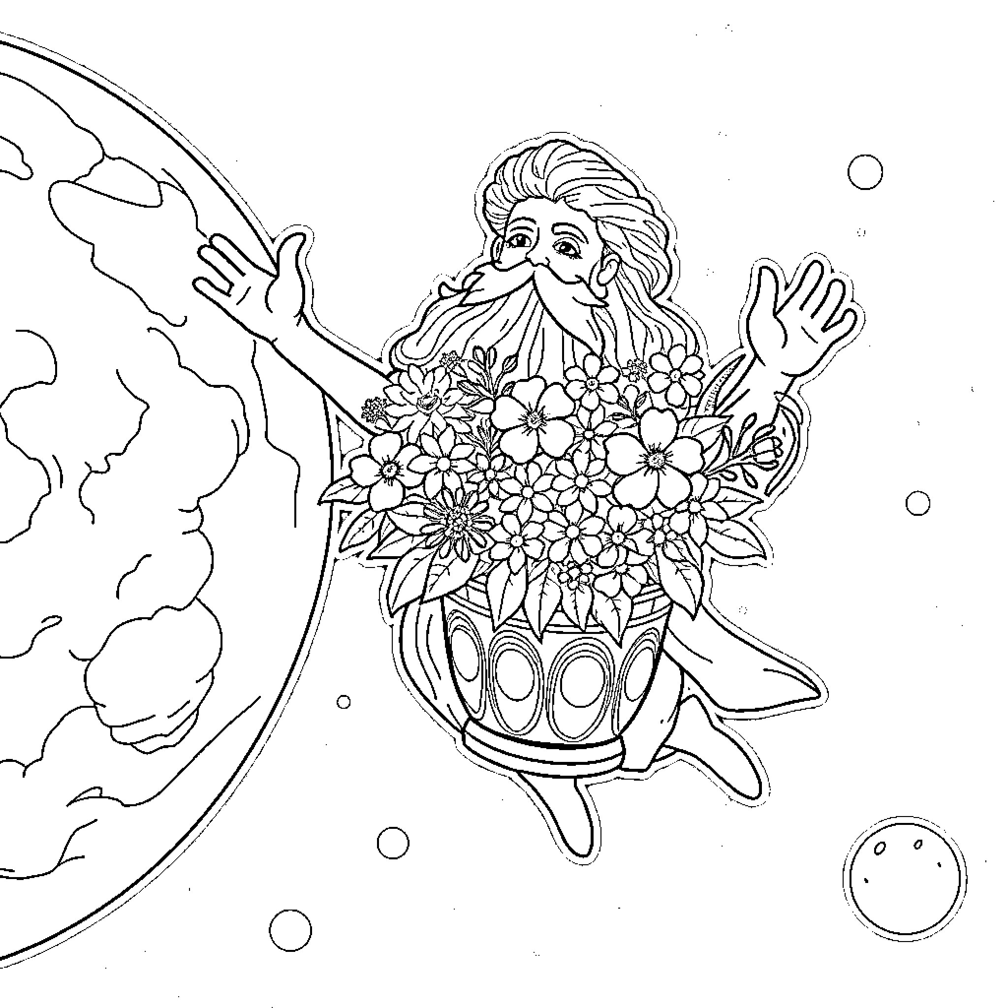 Aristophanes' Whimsical Cosmic Voyage Coloring Page (free black-and-white line drawing printable PDF for all, from beginners to advanced learners, including children, teens, adults, and seniors)