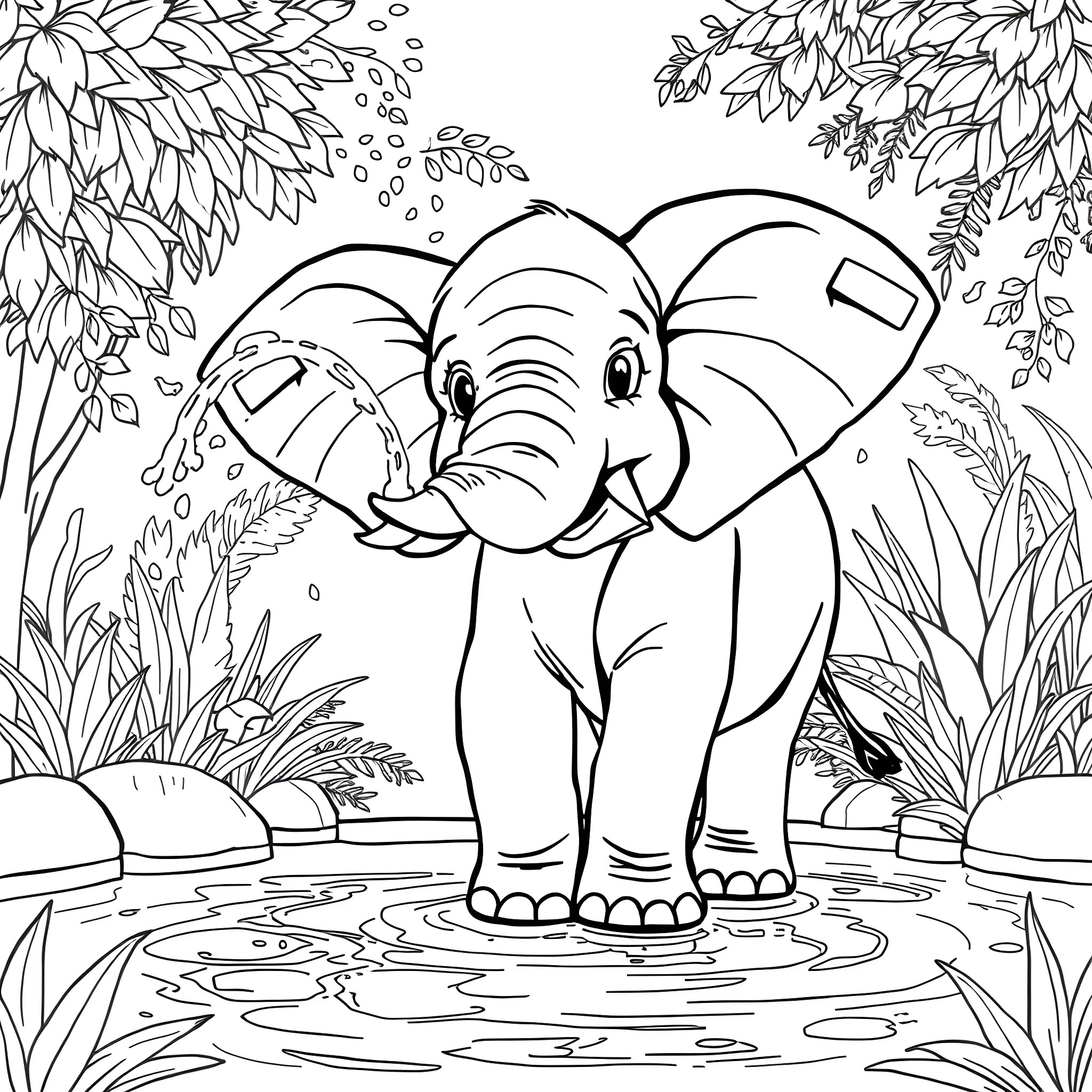 Elephant exploring the lush jungle landscape Coloring Page (free black-and-white line drawing printable PDF for all, from beginners to advanced learners, including children, teens, adults, and seniors)