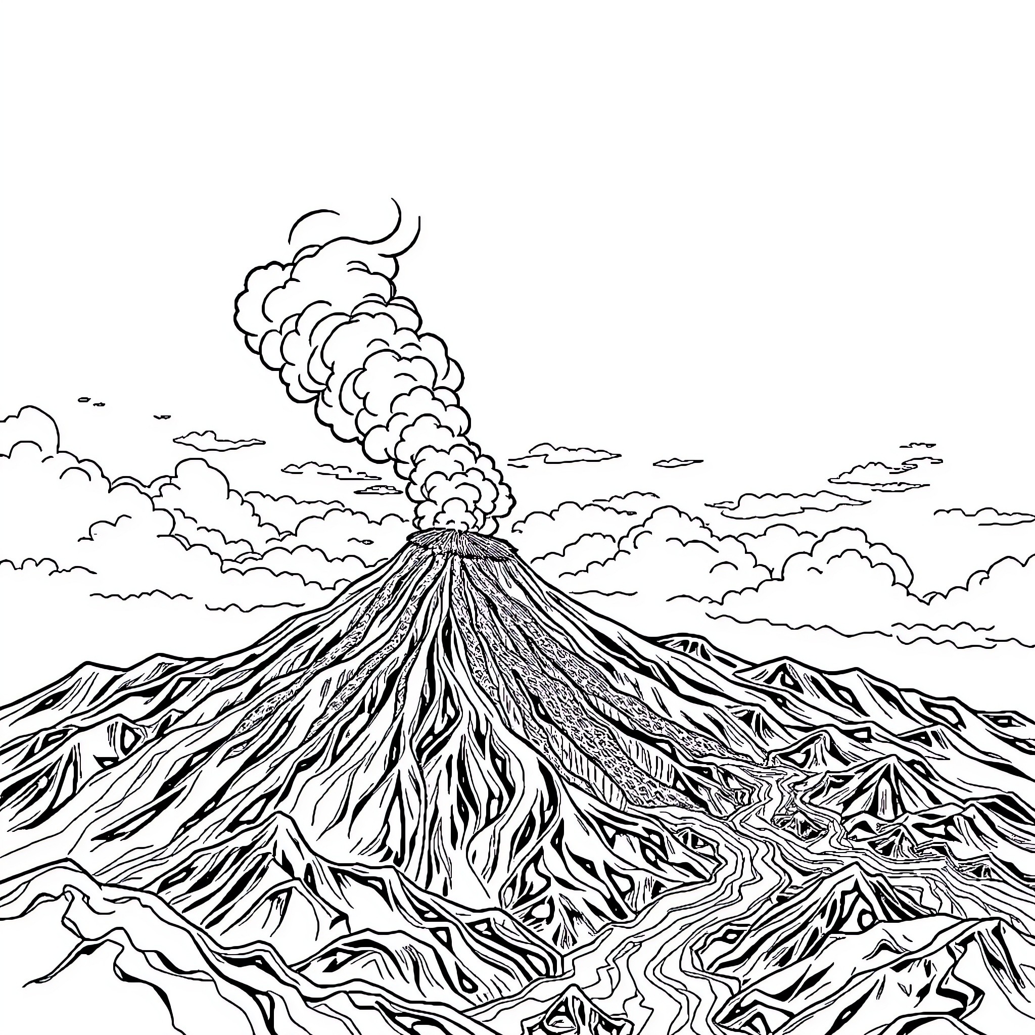 Tenerife's volcanic eruption in the clouds Coloring Page (free black-and-white line drawing printable PDF for all, from beginners to advanced learners, including children, teens, adults, and seniors)