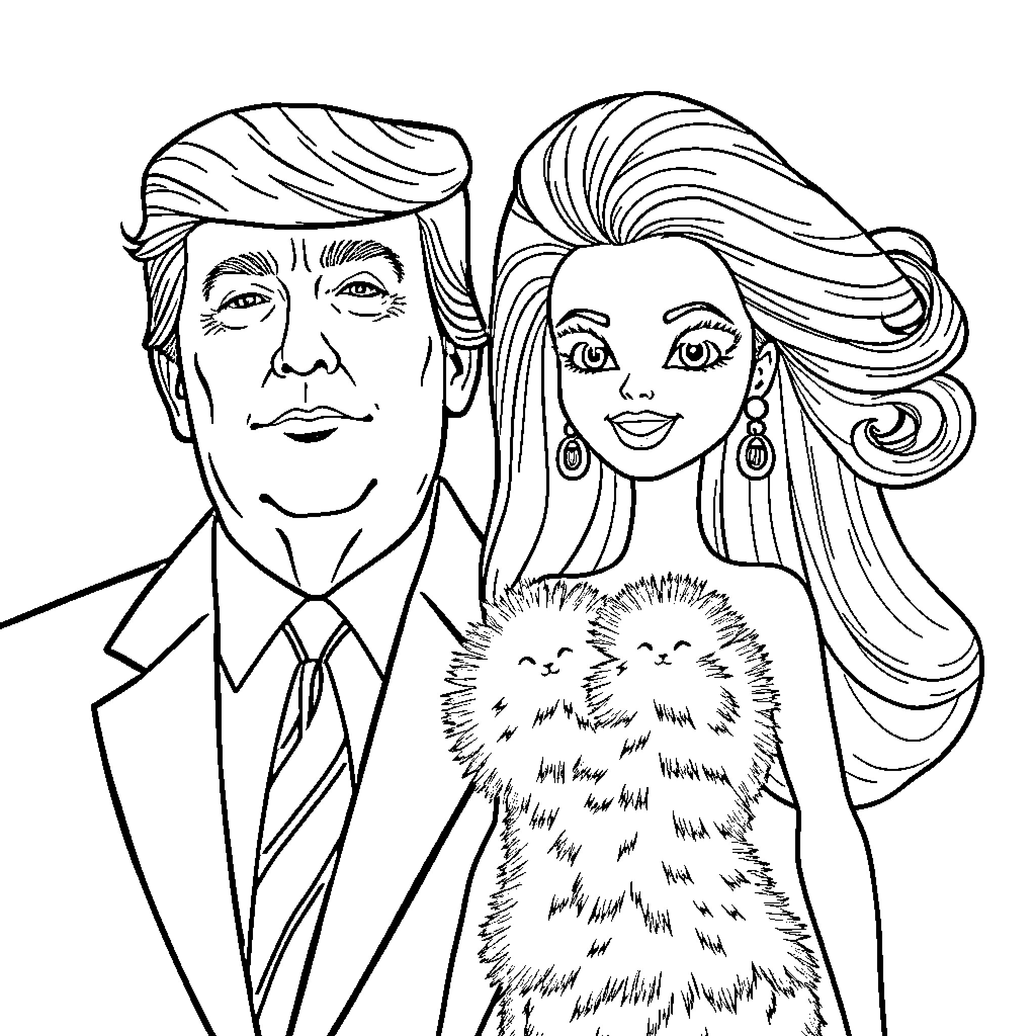 Barbie and Donald Trump posing together Coloring Page (free black-and-white line drawing printable PDF for all, from beginners to advanced learners, including children, teens, adults, and seniors)