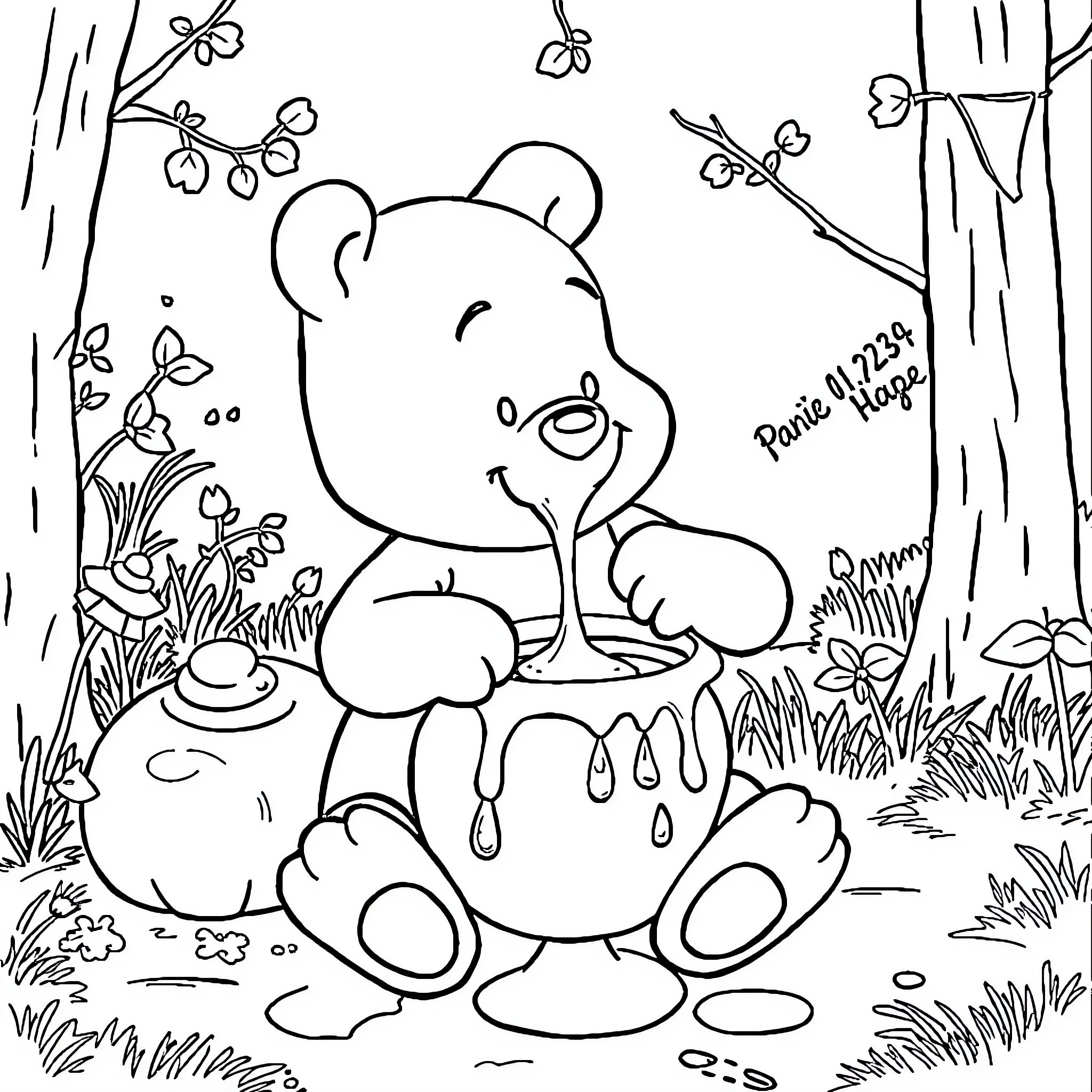 Winnie the bear exploring a whimsical forest Coloring Page (free black-and-white line drawing printable PDF for all, from beginners to advanced learners, including children, teens, adults, and seniors)