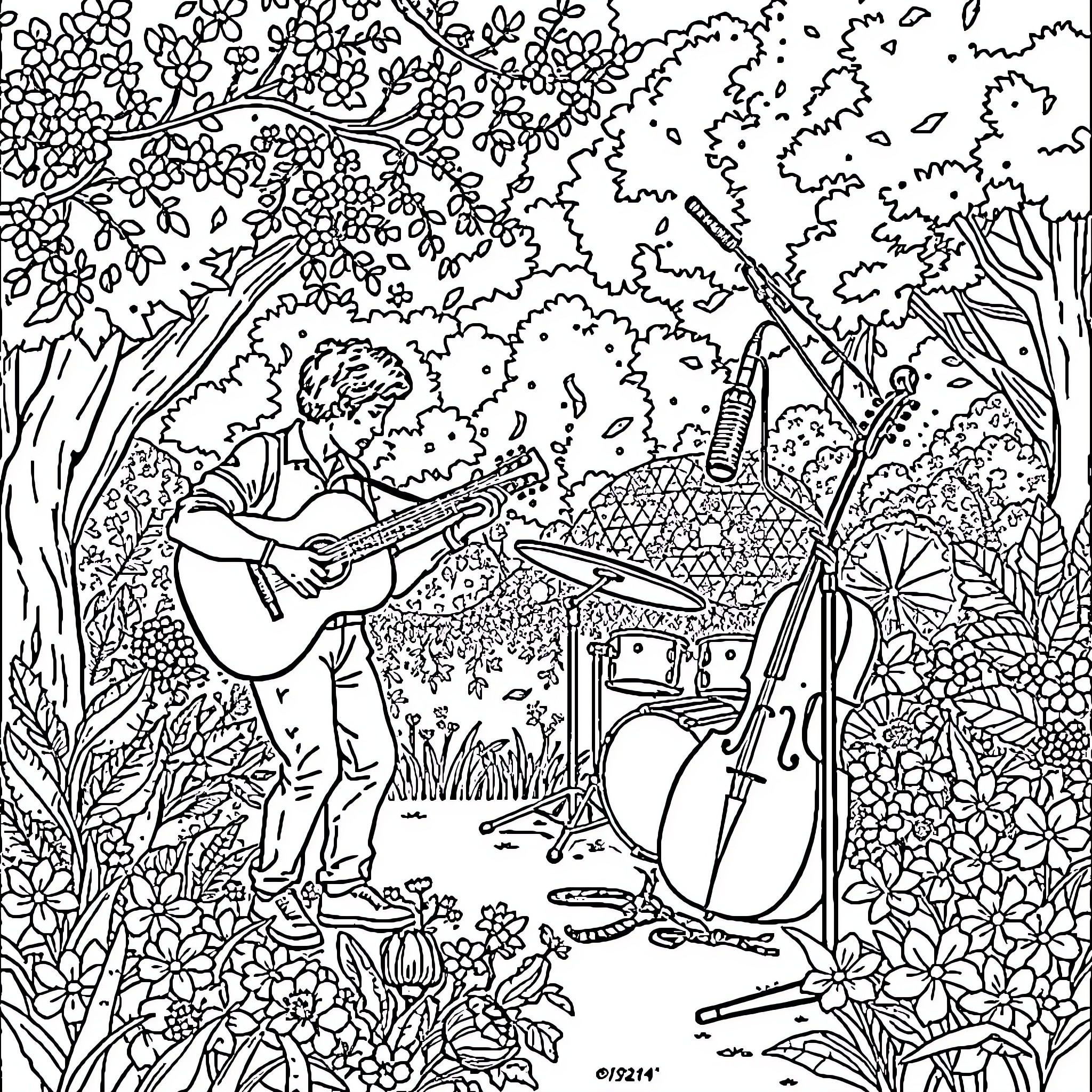 Music in the Whimsical Forest Coloring Page (free black-and-white line drawing printable PDF for all, from beginners to advanced learners, including children, teens, adults, and seniors)