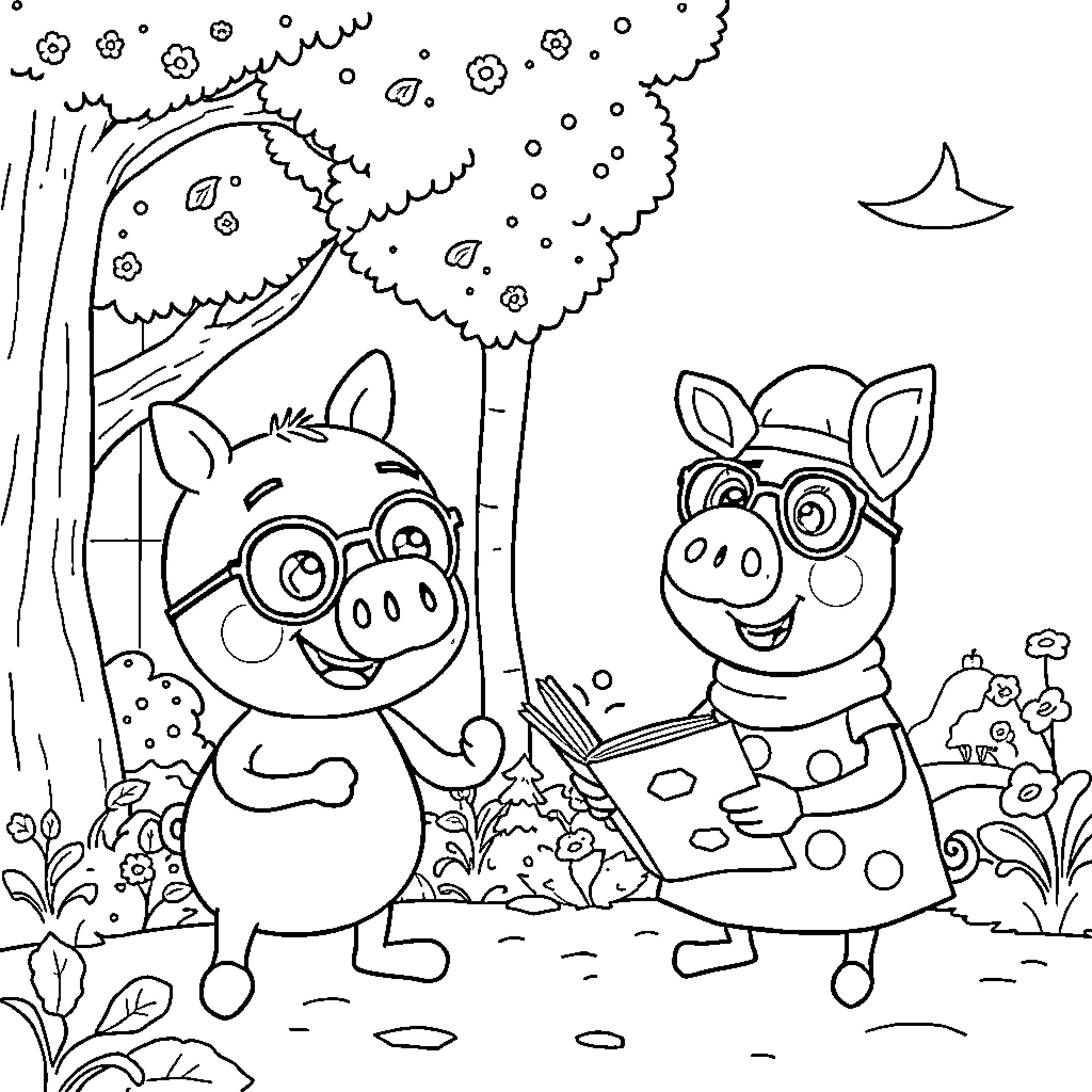 Alpha Pig and Friends Explore the Enchanted Forest Coloring Page (free black-and-white line drawing printable PDF for all, from beginners to advanced learners, including children, teens, adults, and seniors)