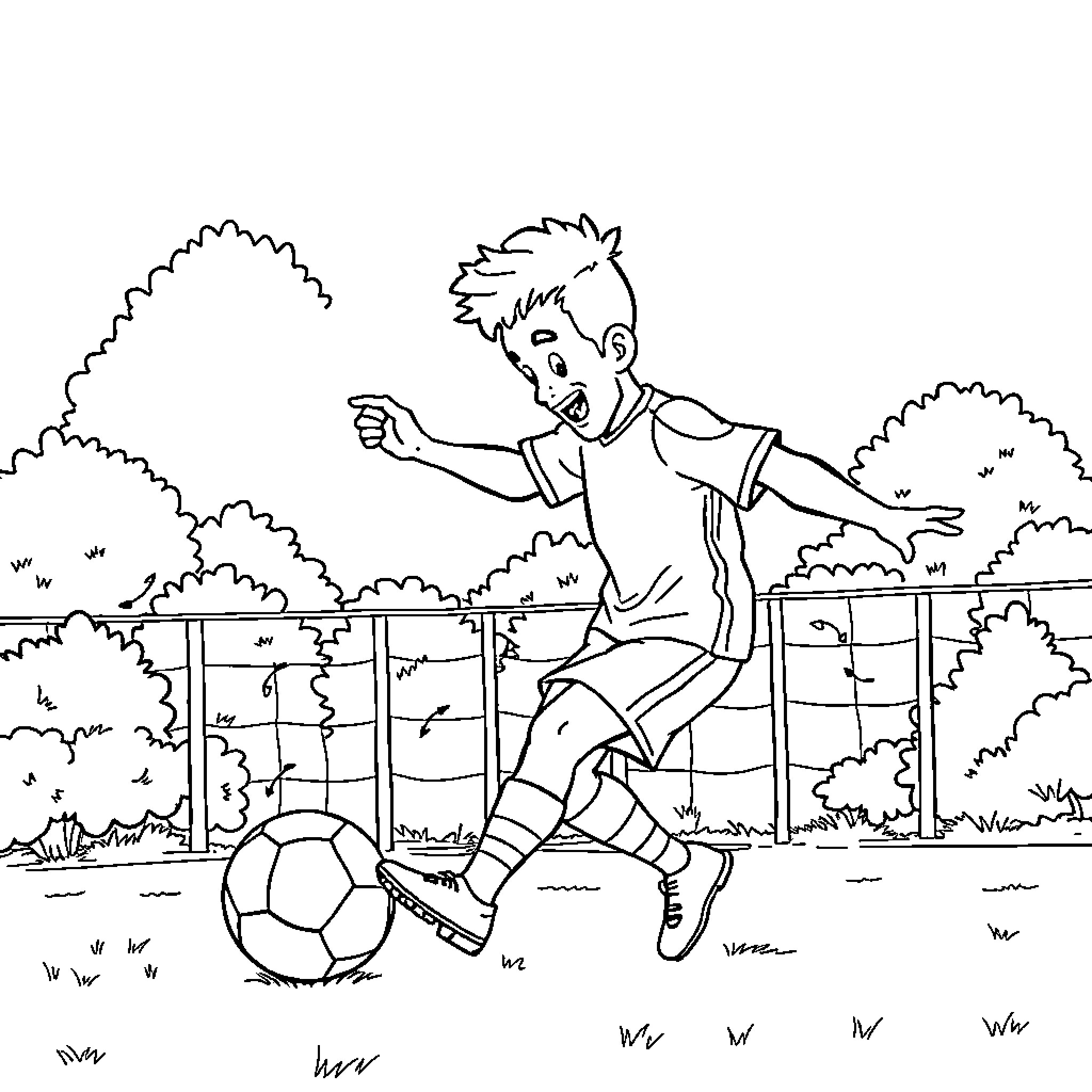 Clown kicking soccer ball on the field Coloring Page (free black-and-white line drawing printable PDF for all, from beginners to advanced learners, including children, teens, adults, and seniors)