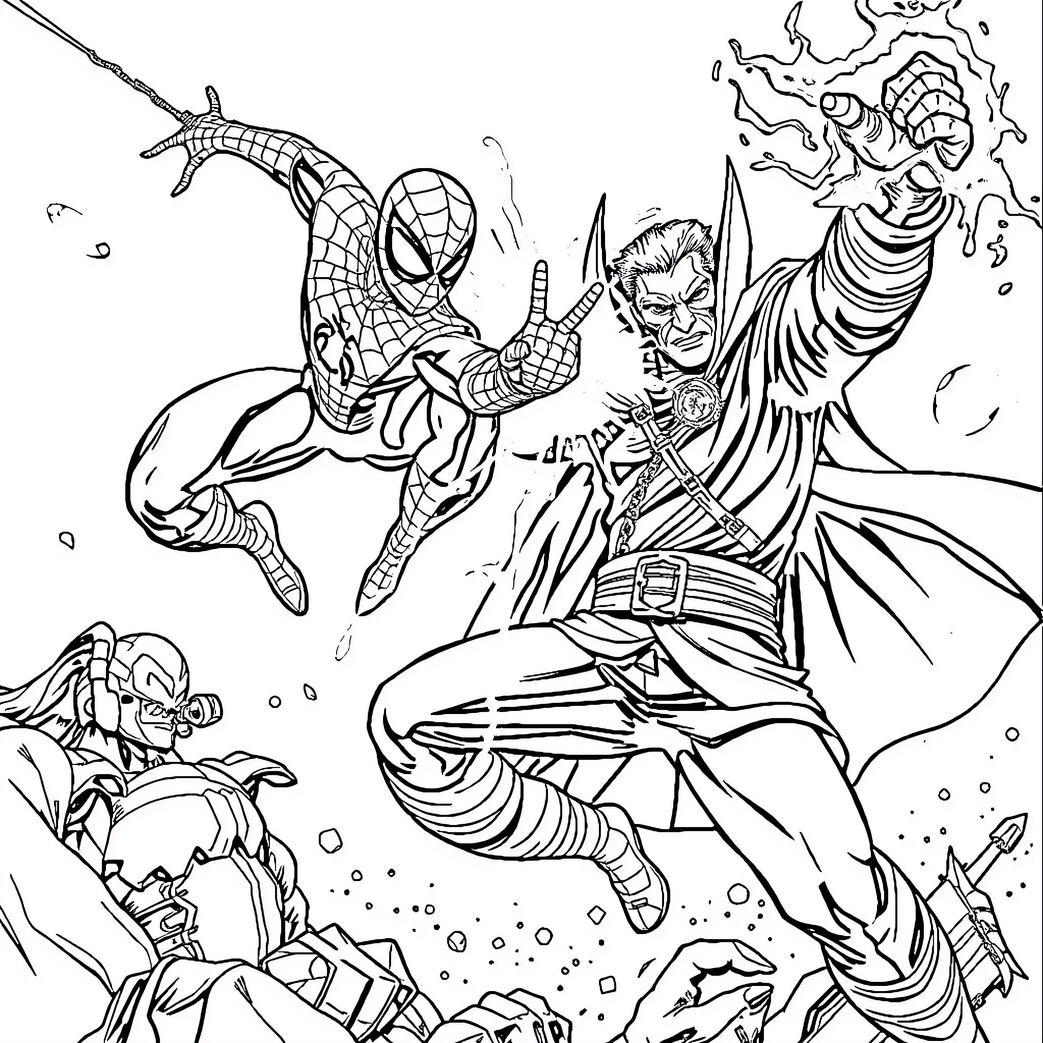 Spider-Man battling villains in action-packed scene Coloring Page (free black-and-white line drawing printable PDF for all, from beginners to advanced learners, including children, teens, adults, and seniors)