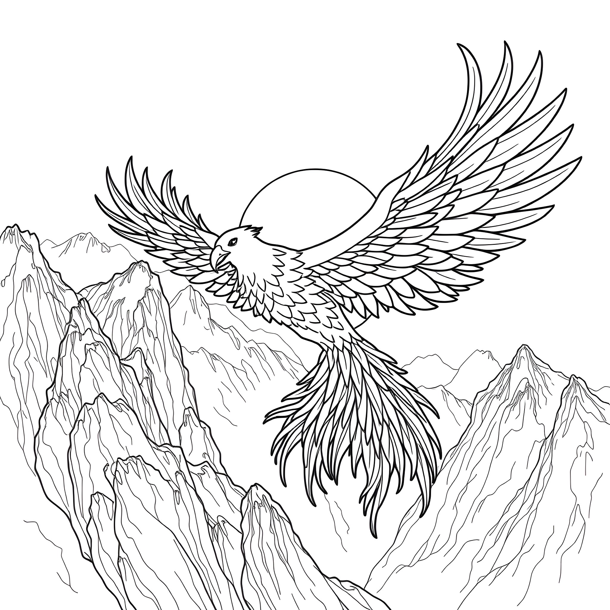 Phoenix soaring over majestic mountains Coloring Page (free black-and-white line drawing printable PDF for all, from beginners to advanced learners, including children, teens, adults, and seniors)