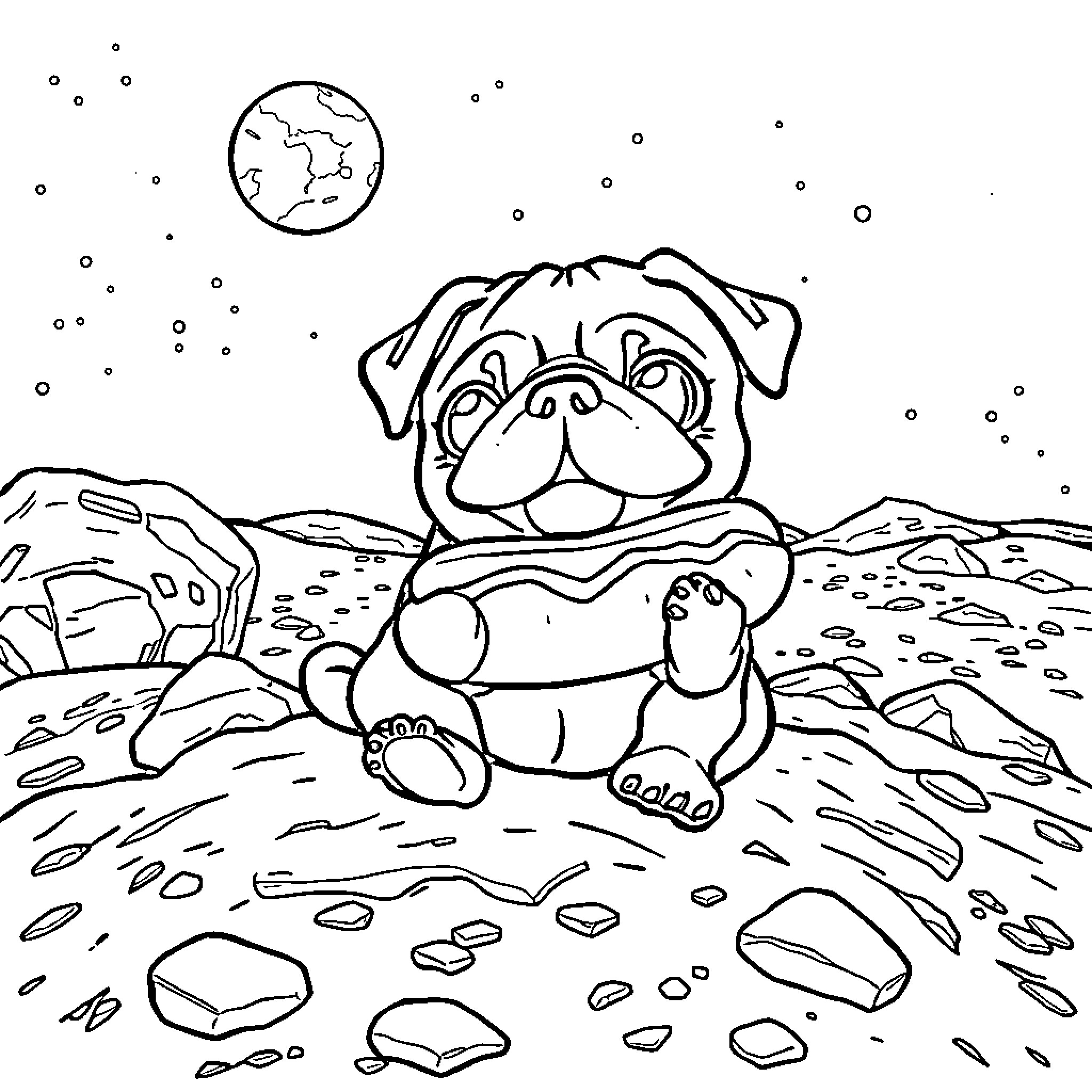 Pug exploring the rocky terrain under the night sky Coloring Page (free black-and-white line drawing printable PDF for all, from beginners to advanced learners, including children, teens, adults, and seniors)