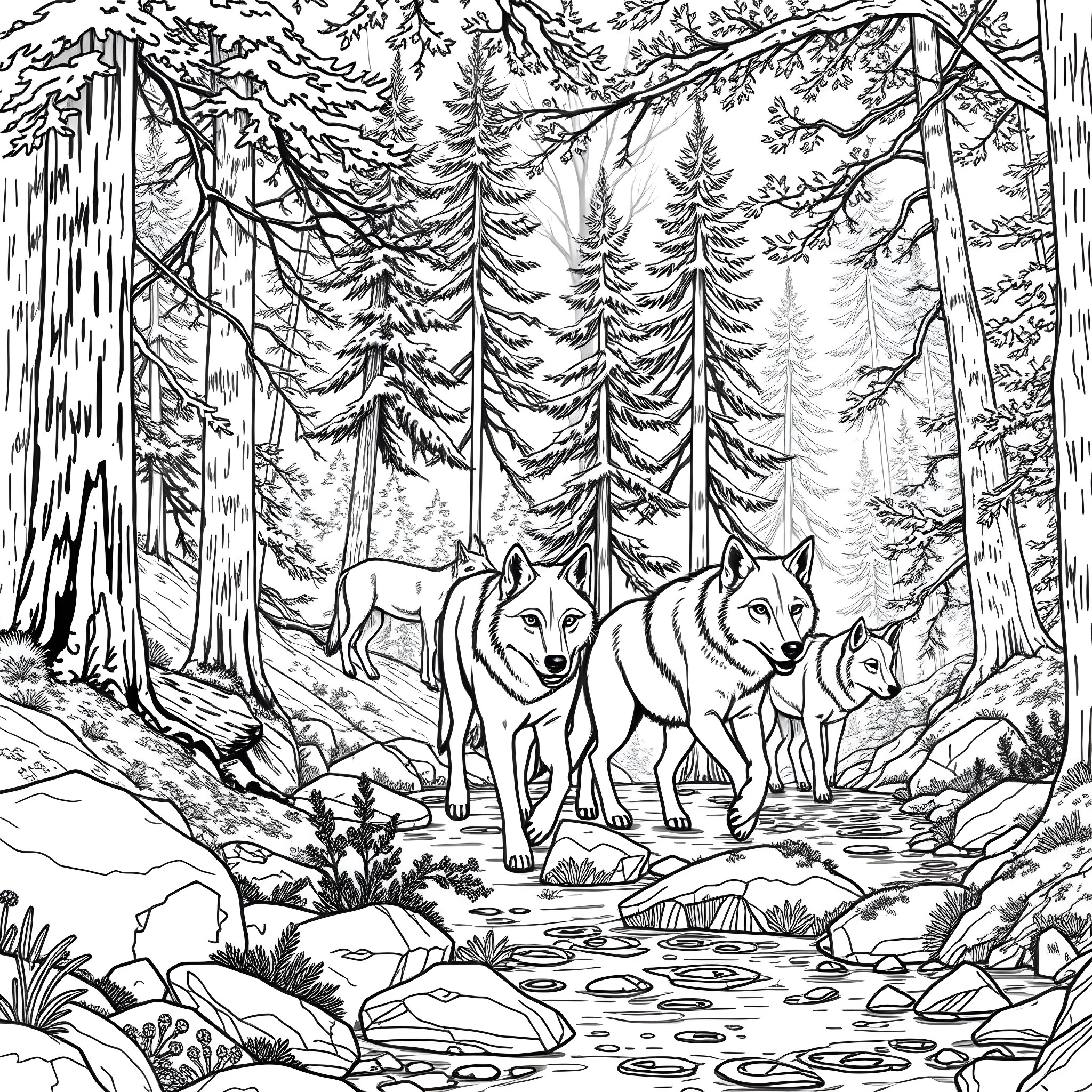 Wolf Pack Roaming in the Snowy Forest Coloring Page (free black-and-white line drawing printable PDF for all, from beginners to advanced learners, including children, teens, adults, and seniors)