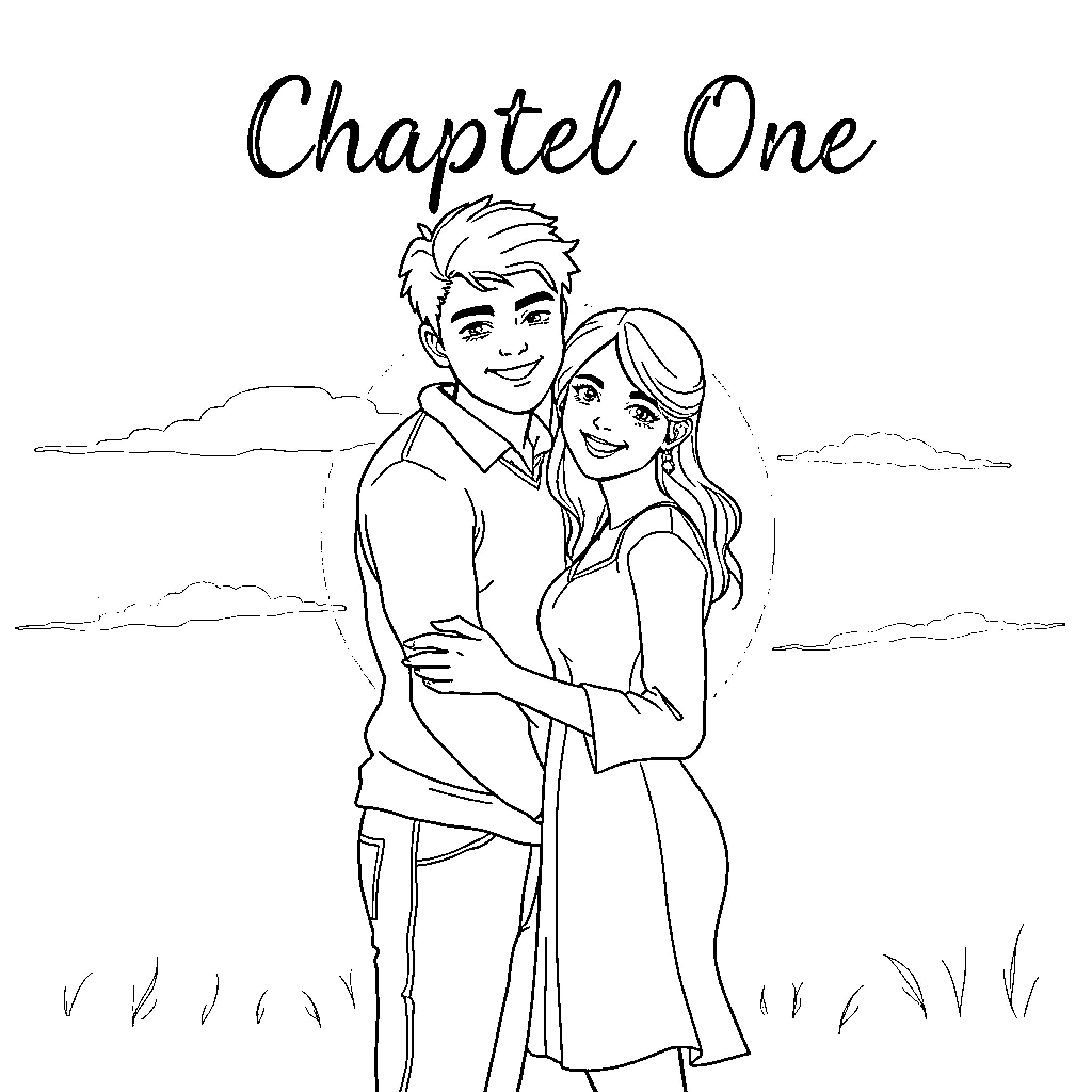 Couple embracing happily in outdoor setting Coloring Page (free black-and-white line drawing printable PDF for all, from beginners to advanced learners, including children, teens, adults, and seniors)