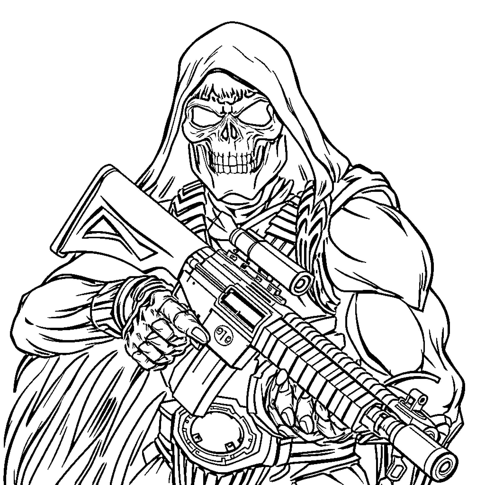Skeletor wielding a fearsome weapon Coloring Page (free black-and-white line drawing printable PDF for all, from beginners to advanced learners, including children, teens, adults, and seniors)