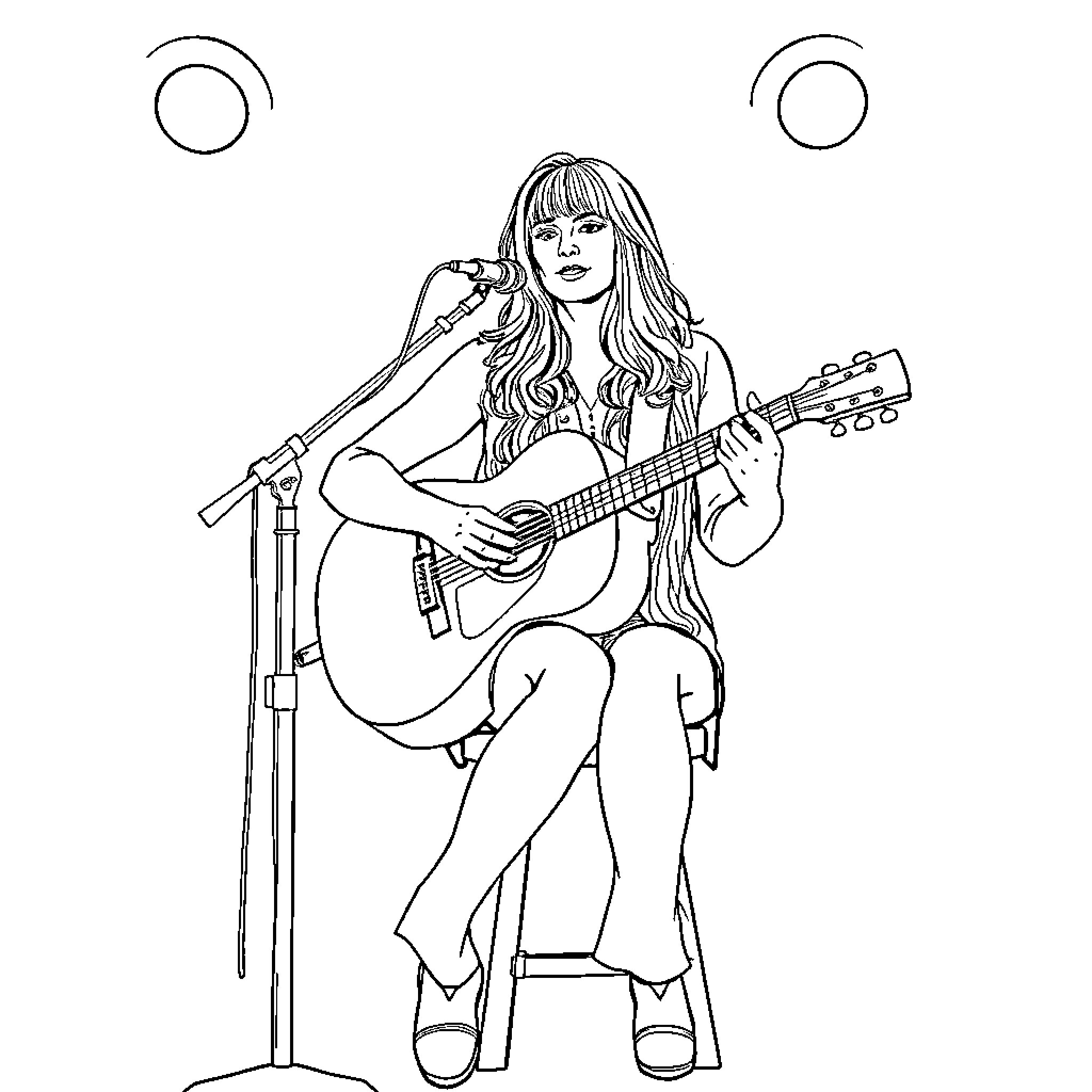 Stevie Nicks performing on stage with guitar Coloring Page (free black-and-white line drawing printable PDF for all, from beginners to advanced learners, including children, teens, adults, and seniors)
