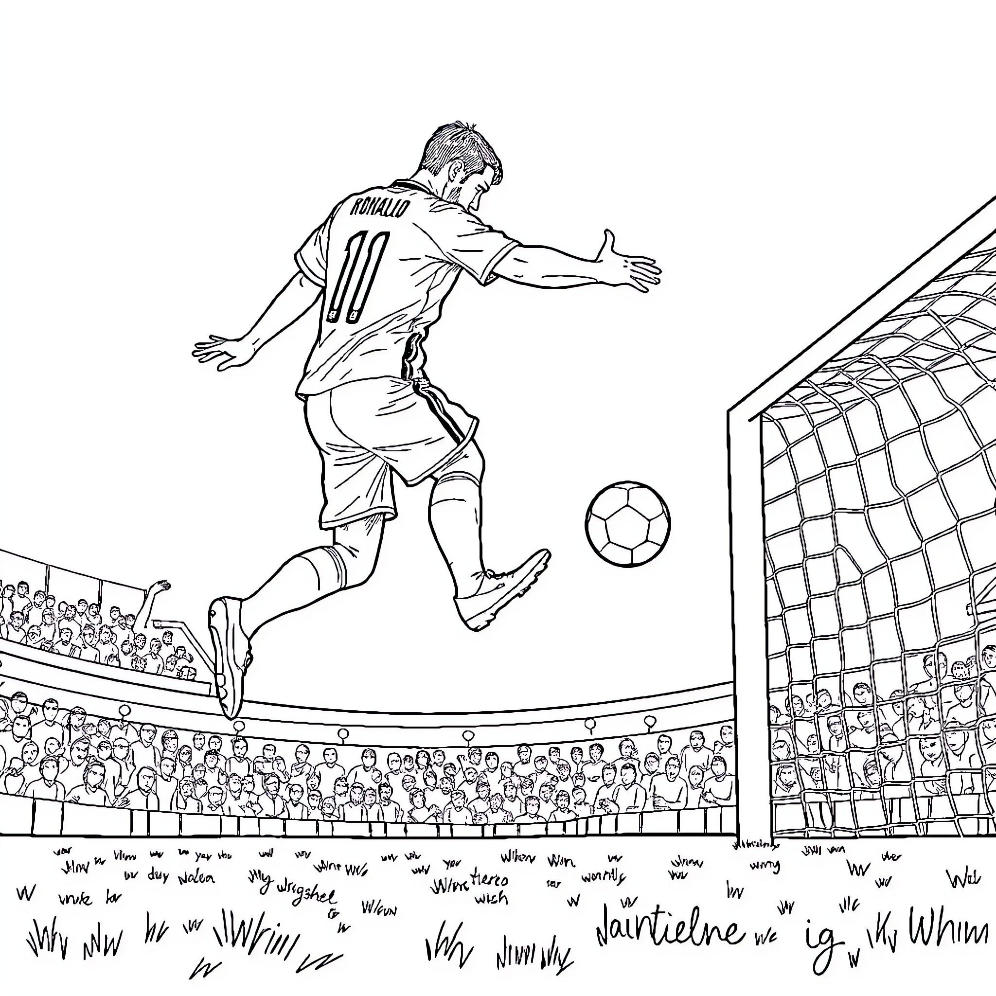 Cristiano Ronaldo scoring a goal in a soccer match Coloring Page (free black-and-white line drawing printable PDF for all, from beginners to advanced learners, including children, teens, adults, and seniors)