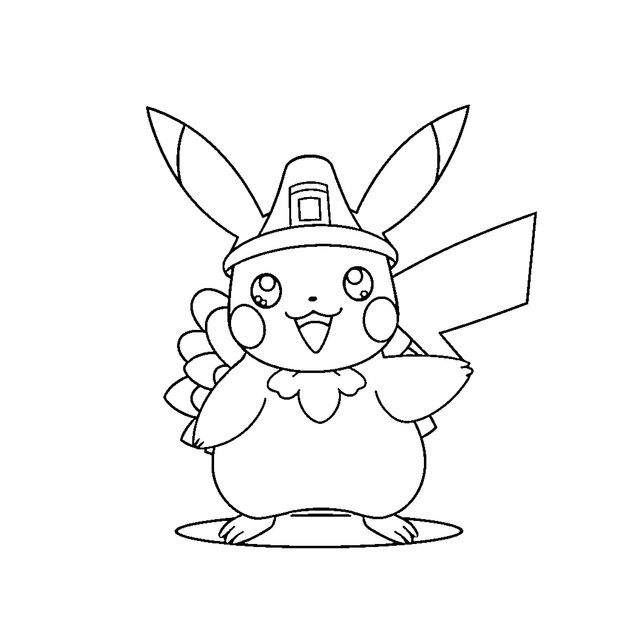 Pikachu Dressed as a Pilgrim Coloring Page (free black-and-white line drawing printable PDF for all, from beginners to advanced learners, including children, teens, adults, and seniors)