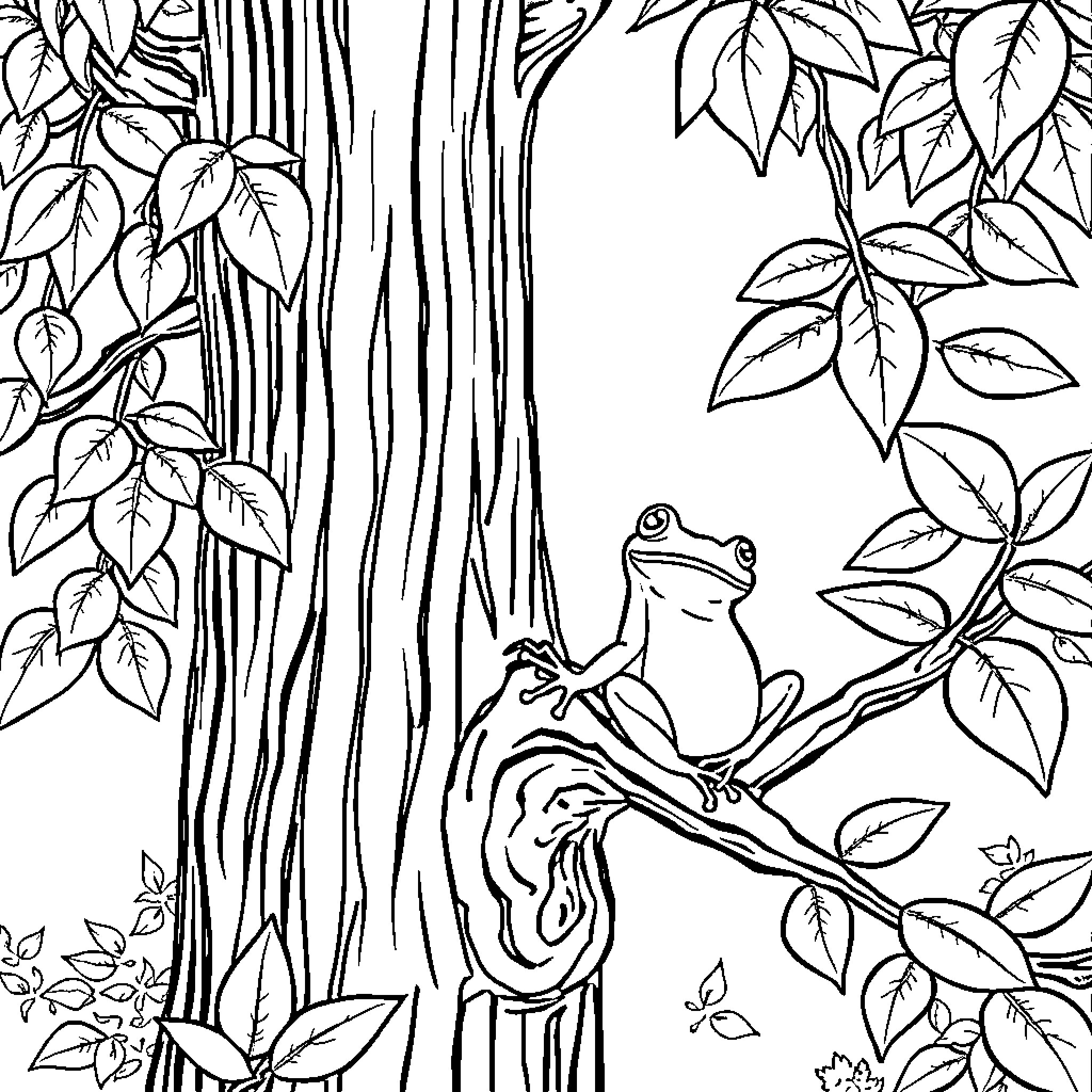 Frog sitting on tree branch in forest Coloring Page (free black-and-white line drawing printable PDF for all, from beginners to advanced learners, including children, teens, adults, and seniors)