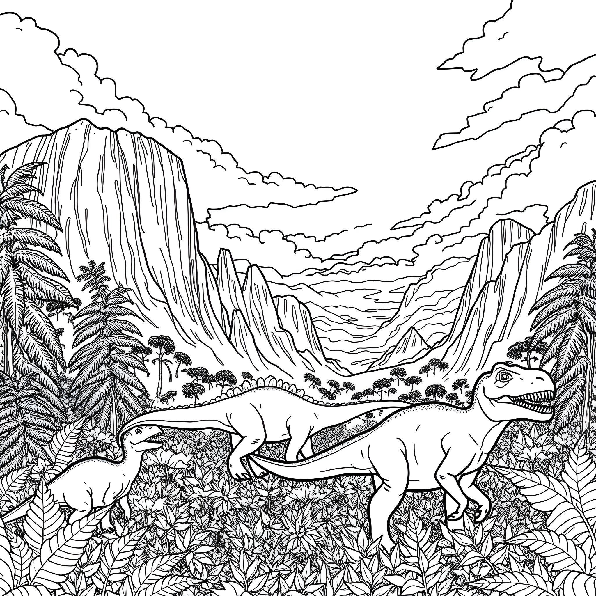 Dinosaurs roaming through lush prehistoric landscape Coloring Page (free black-and-white line drawing printable PDF for all, from beginners to advanced learners, including children, teens, adults, and seniors)