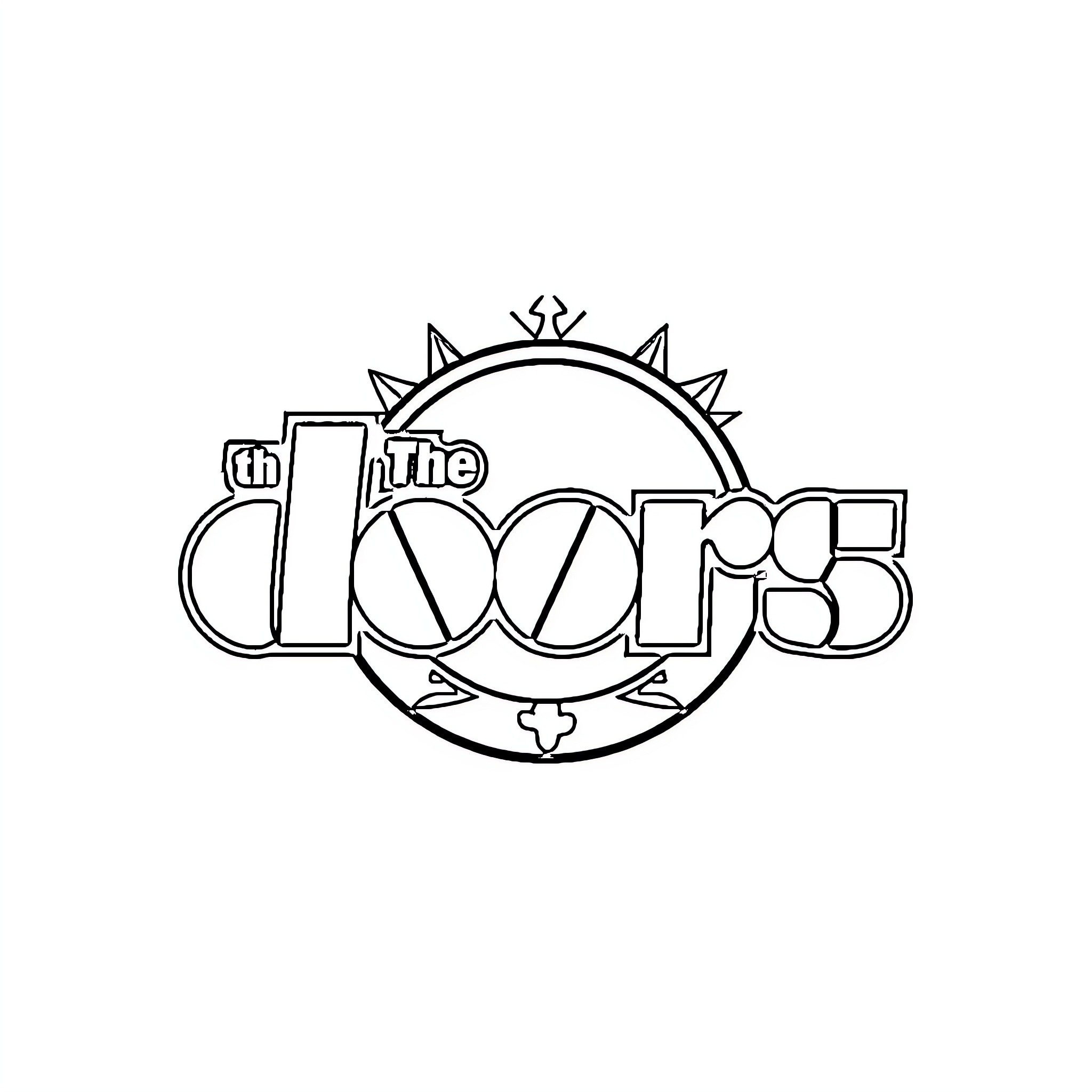 The Doors' Iconic Band Logo Coloring Page (free black-and-white line drawing printable PDF for all, from beginners to advanced learners, including children, teens, adults, and seniors)