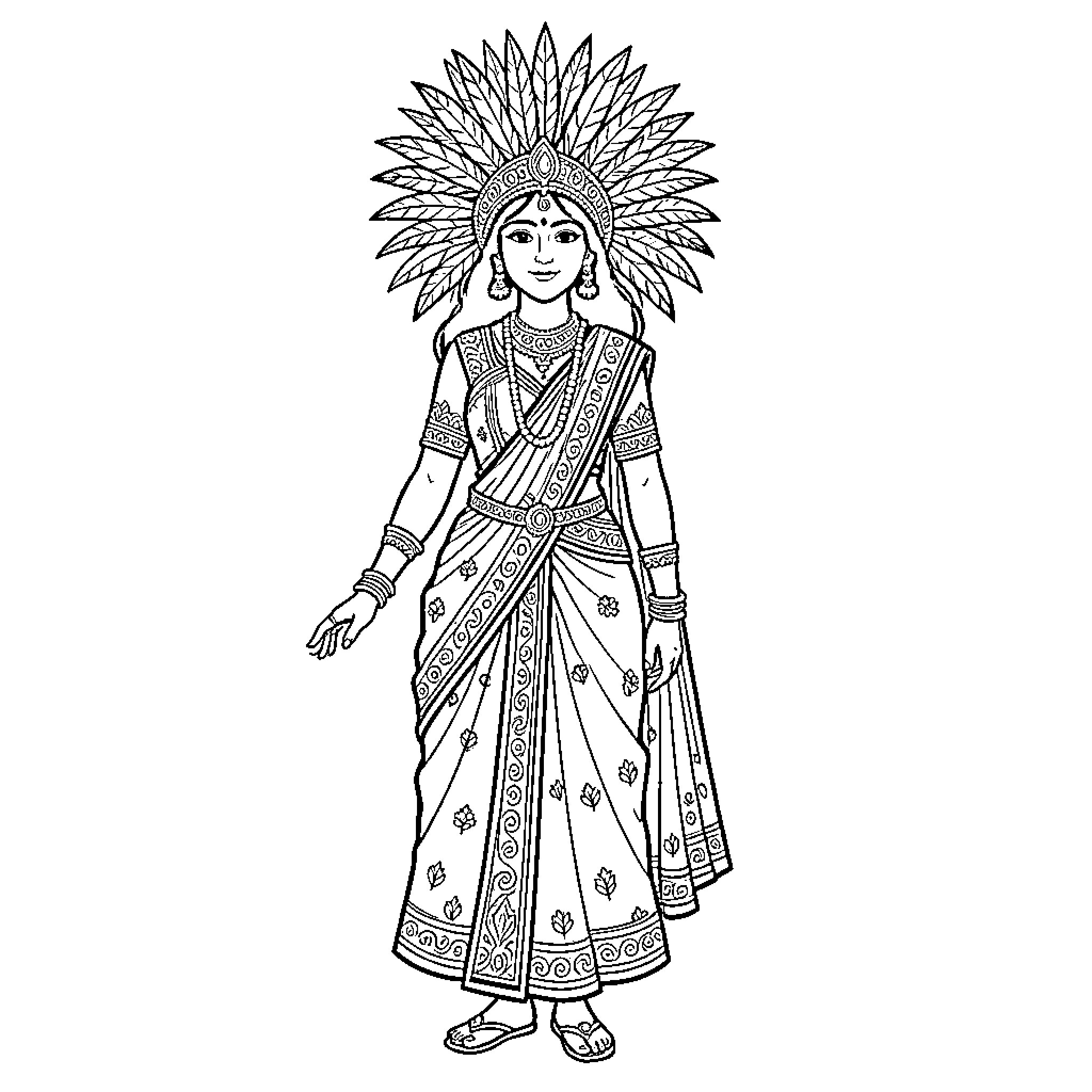 Woman wearing traditional ethnic attire and ornate headdress Coloring Page (free black-and-white line drawing printable PDF for all, from beginners to advanced learners, including children, teens, adults, and seniors)