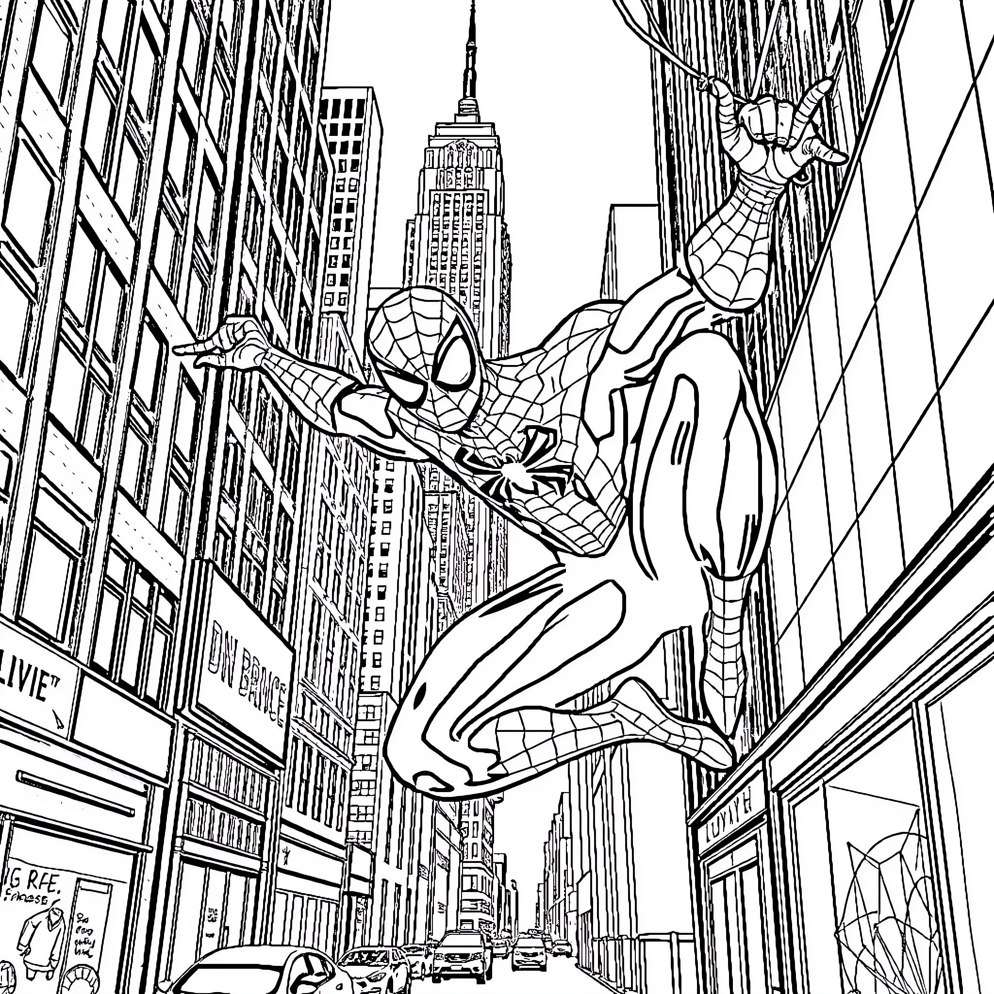 Spider-Man swinging through New York City streets Coloring Page (free black-and-white line drawing printable PDF for all, from beginners to advanced learners, including children, teens, adults, and seniors)