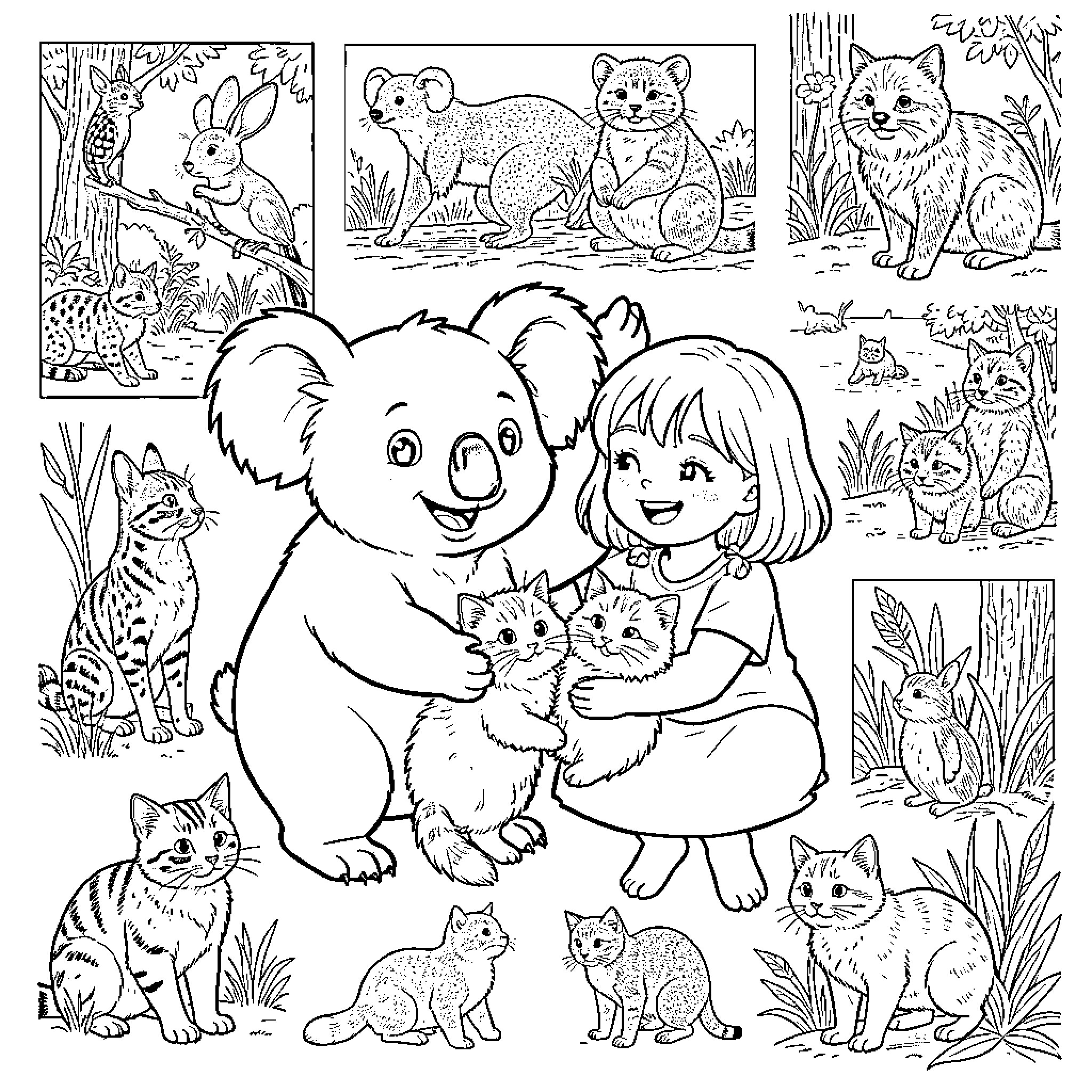 Koala and Girl Cuddling with Cats and Rabbits in the Wild Coloring Page (free black-and-white line drawing printable PDF for all, from beginners to advanced learners, including children, teens, adults, and seniors)